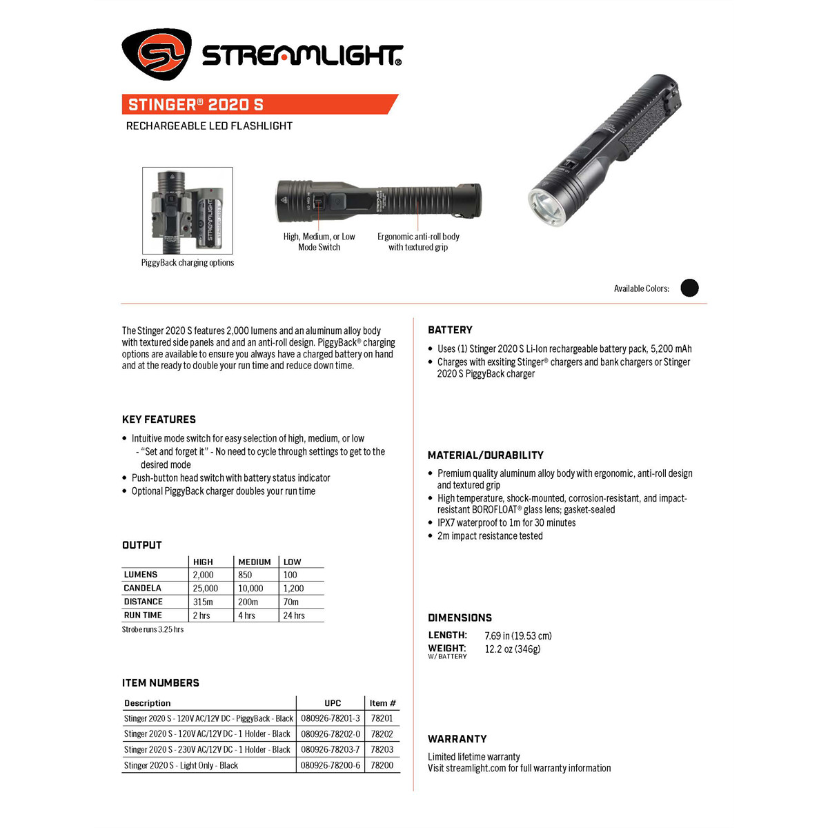 Streamlight 78230 Stinger 2020 Rechargeable Flashlight 2000 Lumen TAA