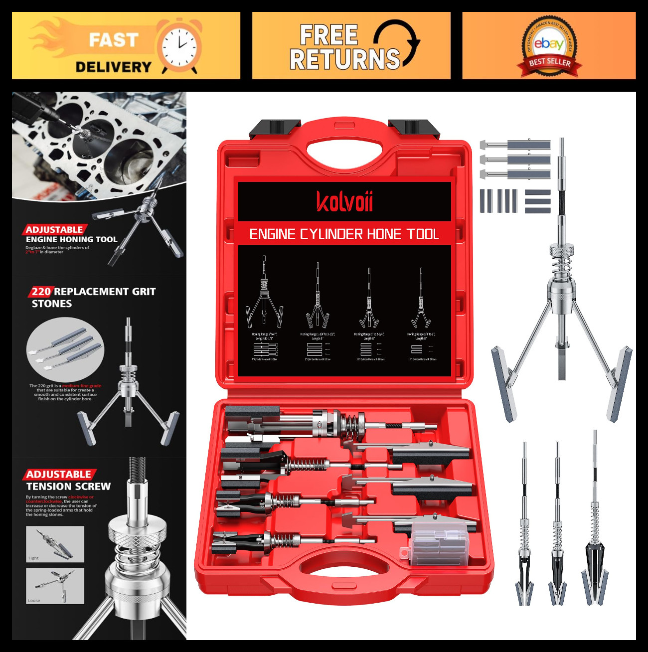 Adjustable Engine Cylinder Hone Tool Set with 11 Replacement Stones, 3/4″ to 7″