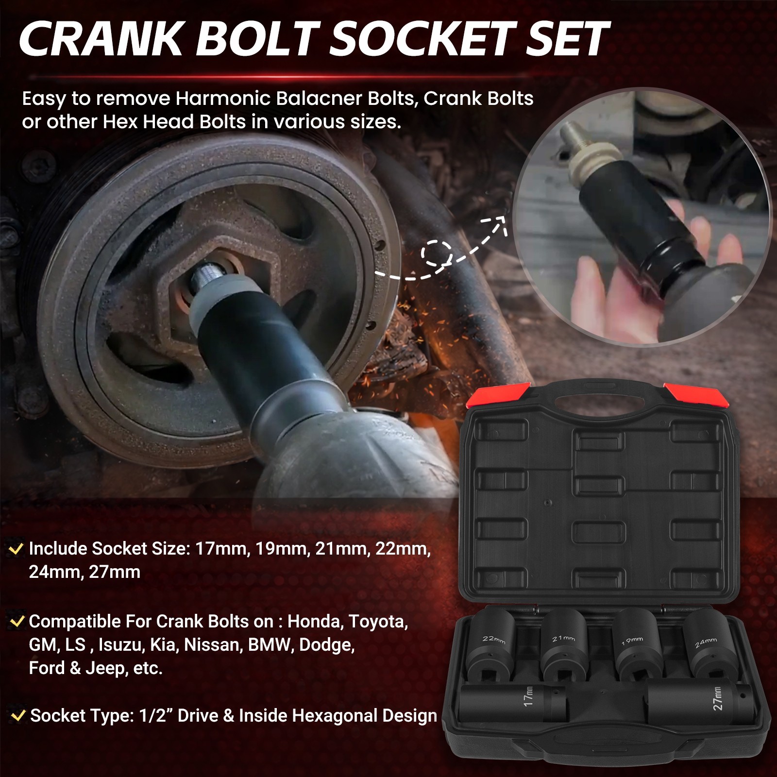 6 Pack Crank Bolt Socket Set 17/19/21/22/24/27mm Harmonic Balancer Impact Socket