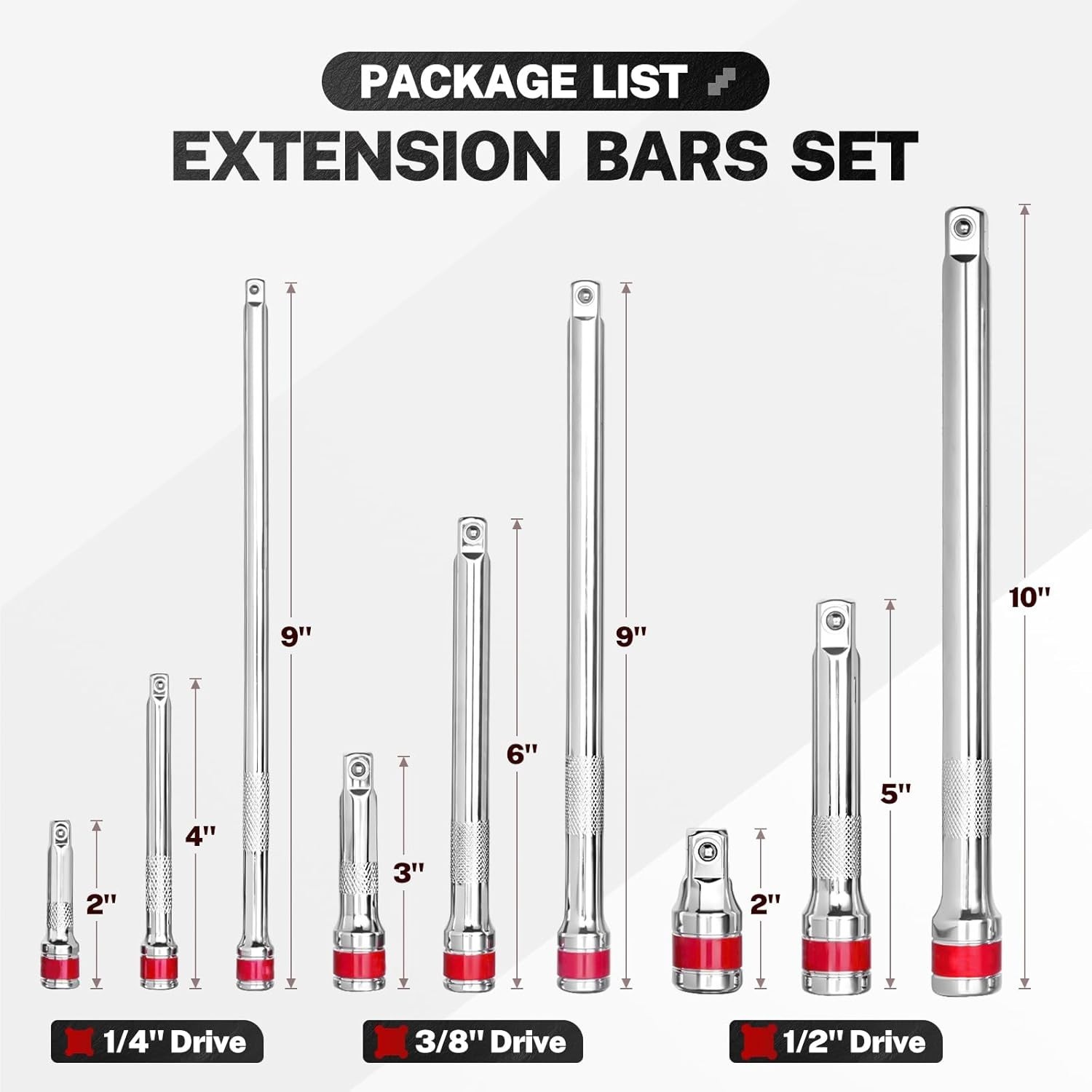 9 PCS Ratchet Extension Set 1/4″ 3/8″ 1/2″ Drive CR-V Steel EVA Foam Tray