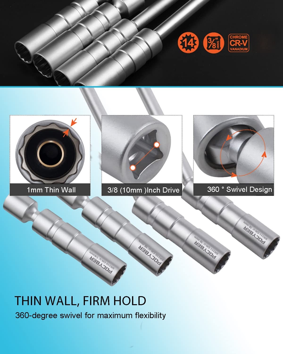 Pack of 4 Swivel Spark Plug Sockets 14mm 16mm 3/8″ Drive Magnetic Thin Wall Tool