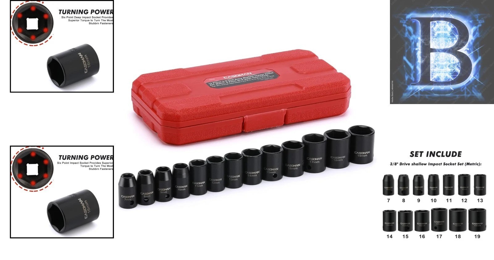 Heavy-Duty 13-Piece 3/8-Inch Drive Socket Set with Laser Etched Size Markings
