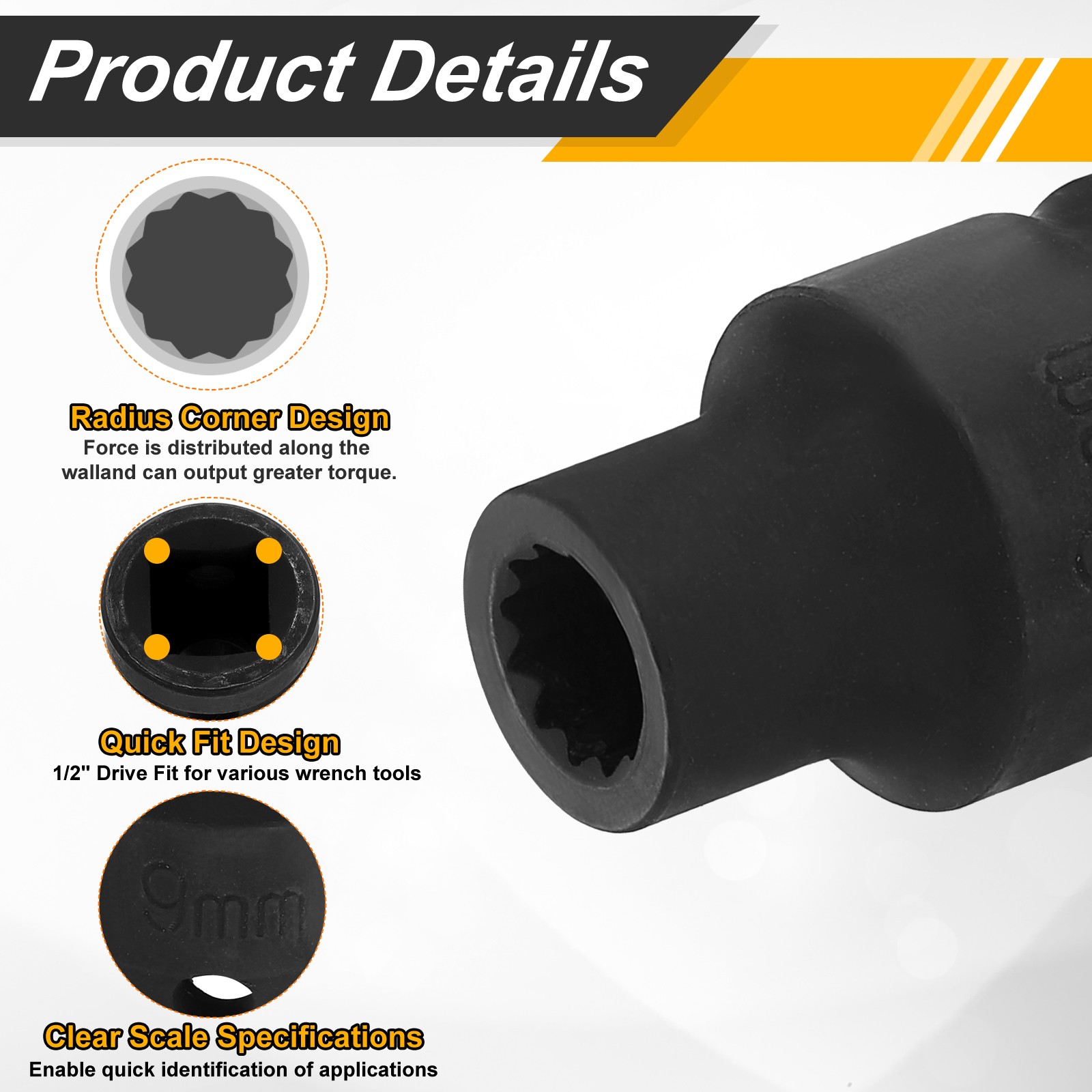 1/2″ Drive 12 Points Socket 9mm Metric CR-V Steel Shallow Impact Socket