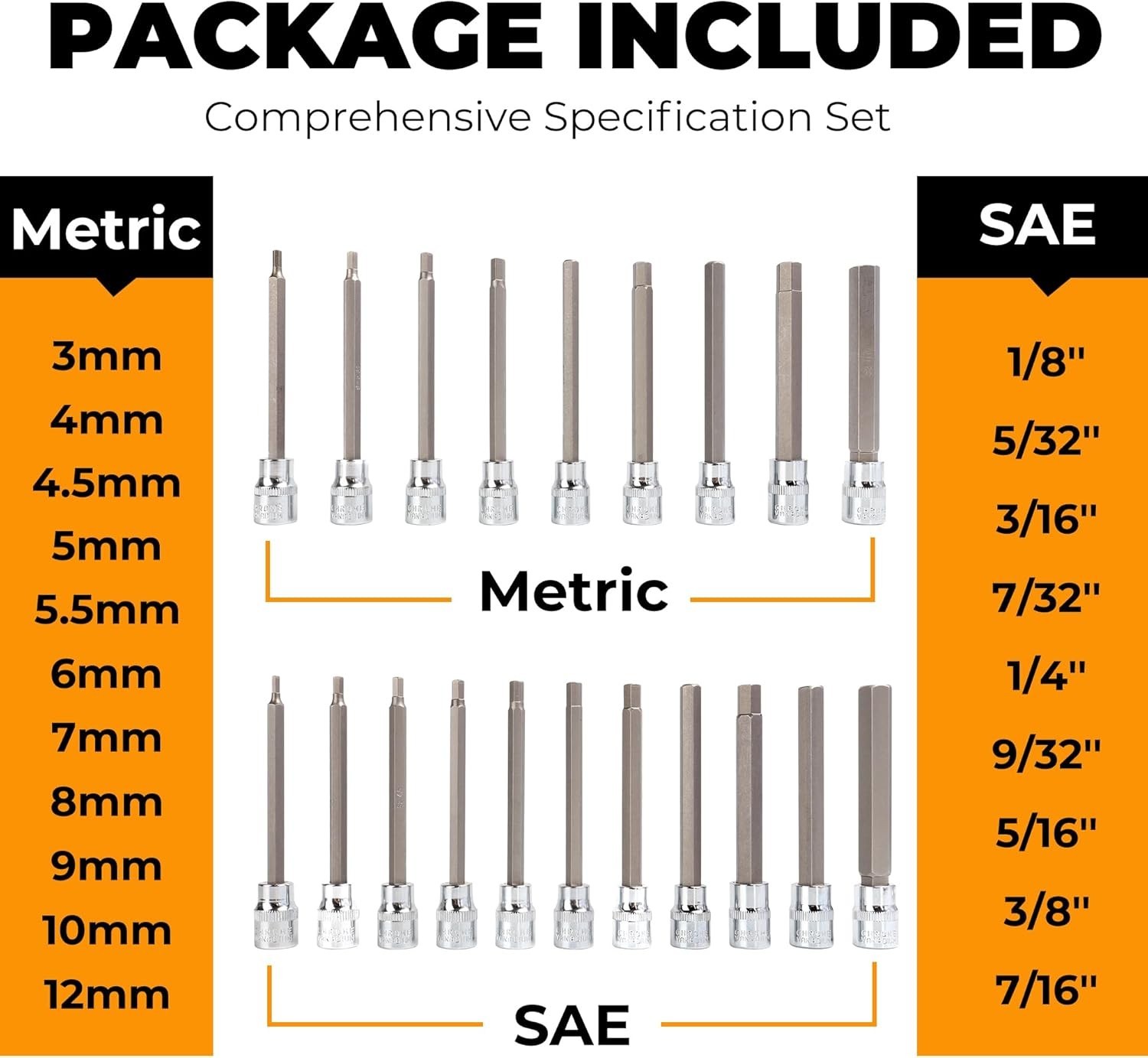 Metric & SAE Long Allen Socket Set – 3mm to 12mm