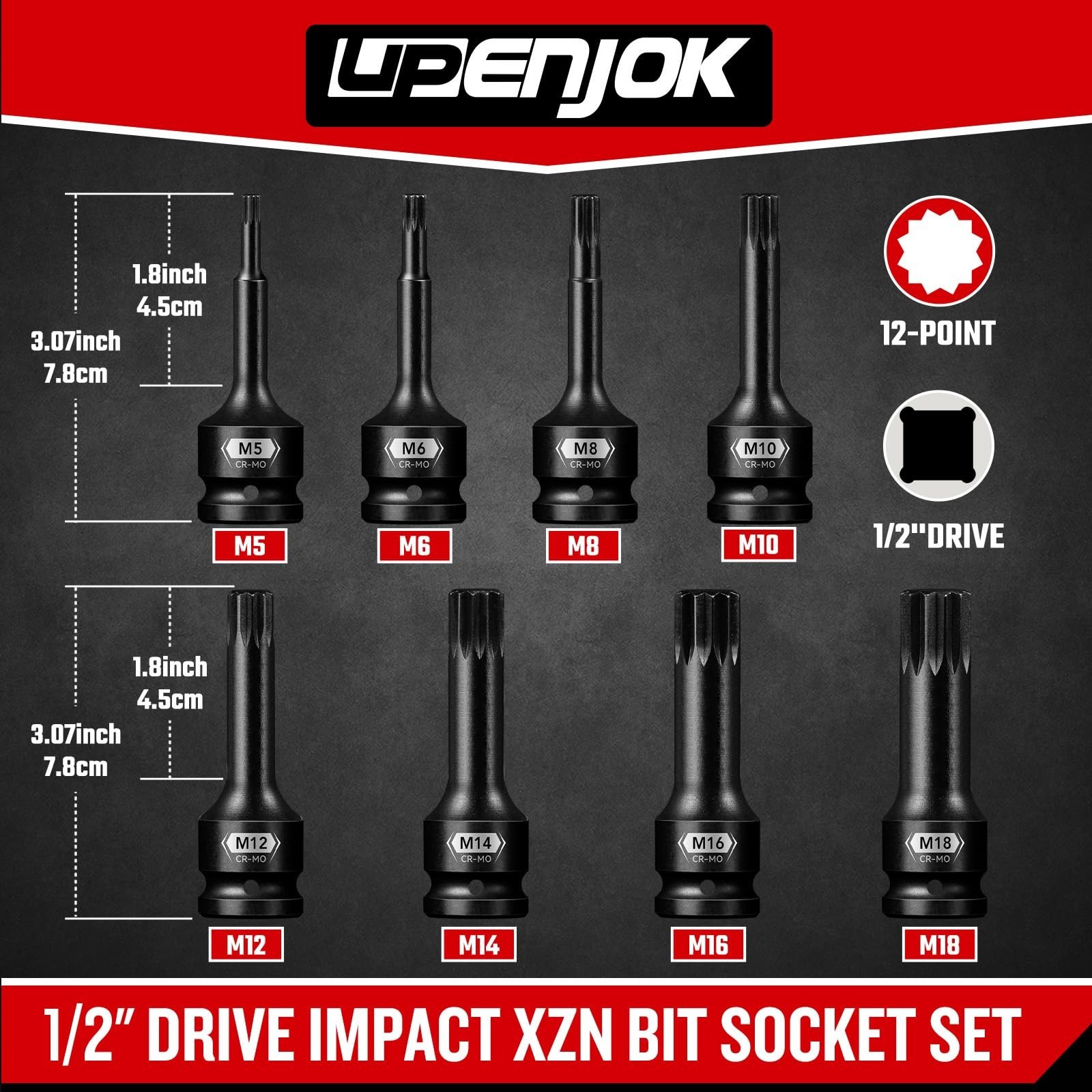 8-Piece 1/2″ Drive Triple Square Bit Socket Set, M5-M18, Impact Spline with Case