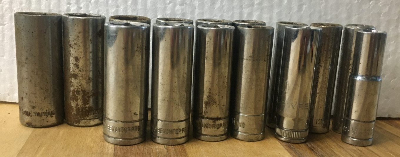 Lot Of 15 MM BENCHTOP, GEAR WRENCK, GREAT NECK, & OTHER Deep Sockets 3/8″ Drive