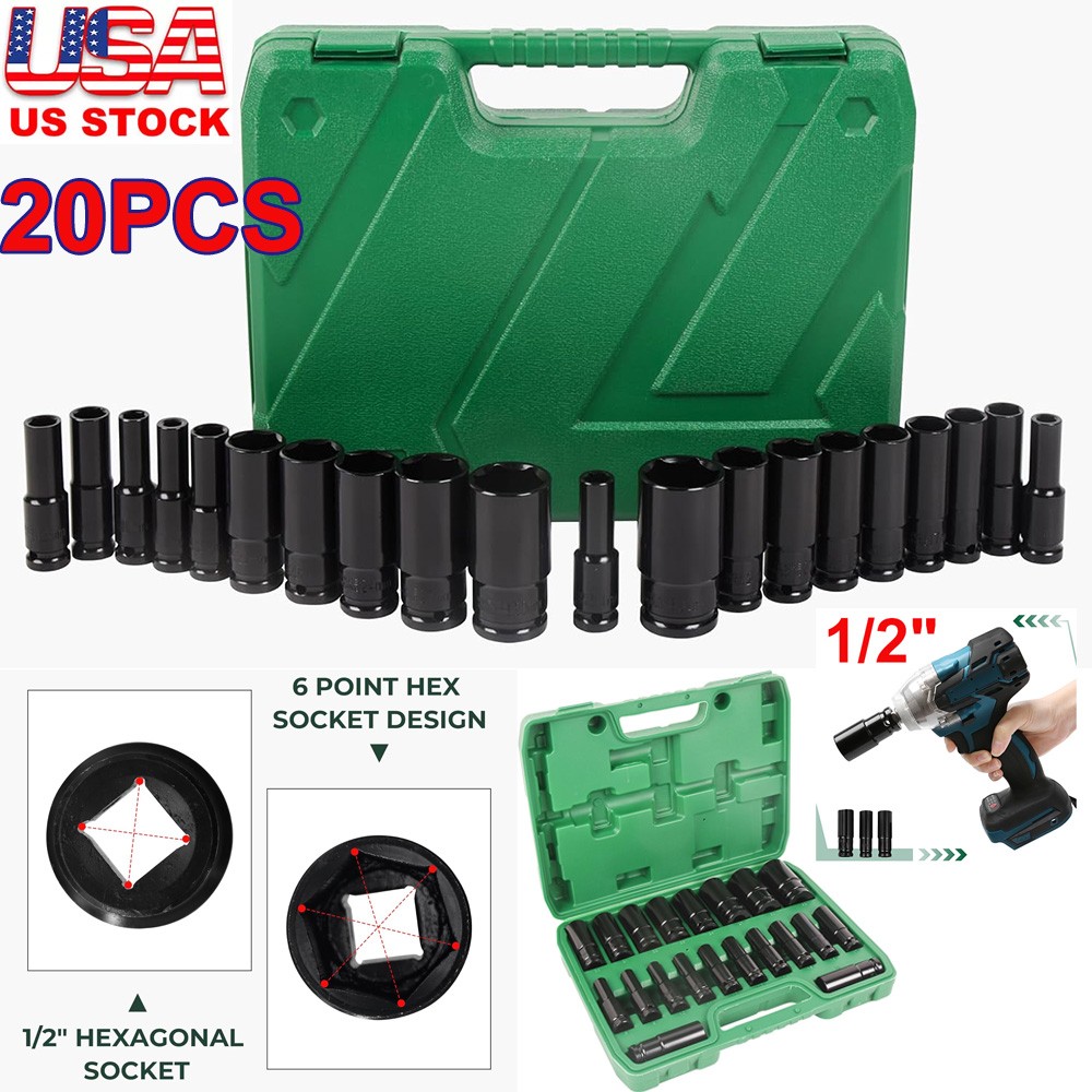20PCS 1/2 Inch Impact Sockets Set Drive Metric 8mm-32mm Deep 6-Point Set w/ Case