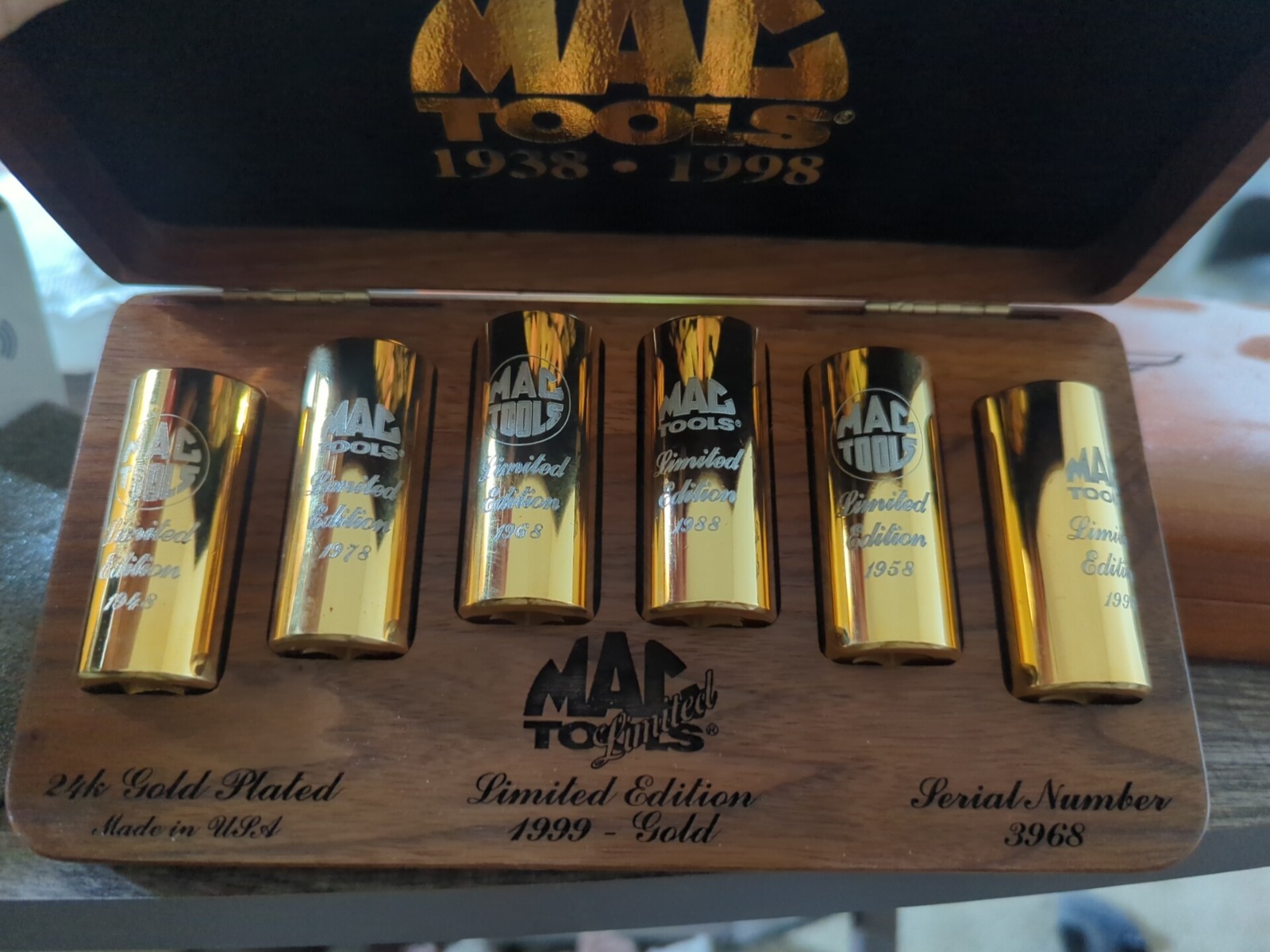 MAC TOOLS LIMITED 24k GOLD PLATED 6 PC SOCKET SET 1938-1998 60TH ANNIVERSARY