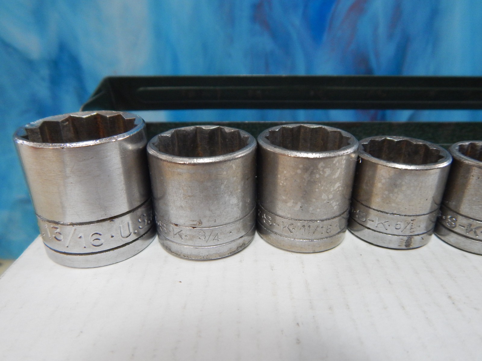 S-K tools 3/8 dr. socket set 8 piece ,carry tray, Vintage SAE Shallow, 3/8-13/16