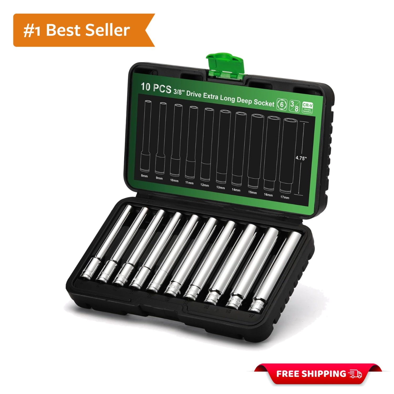 10PCS 3/8-Inch Drive Extra Deep Metric Socket Set, 6 Point, 8mm to 17mm, No S…