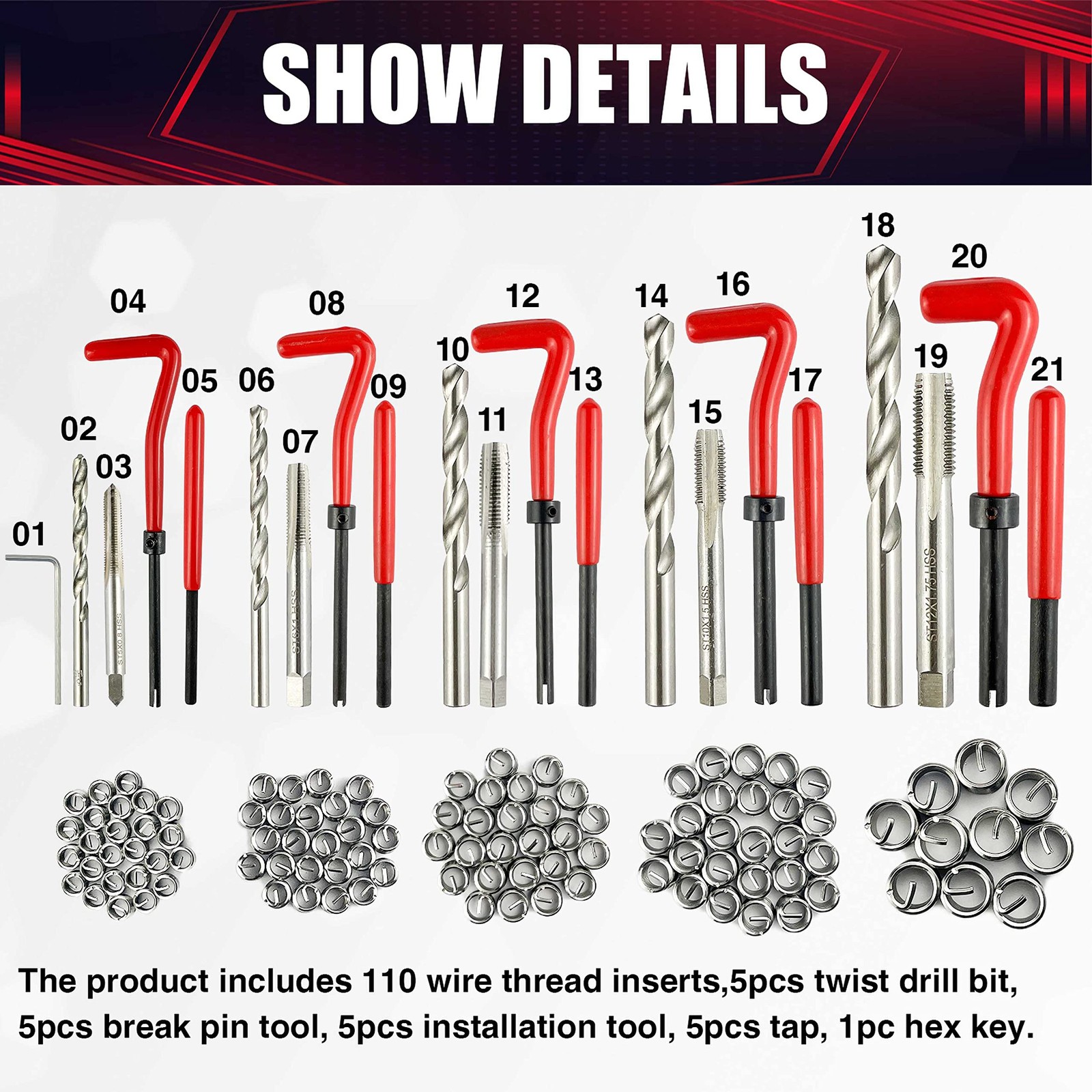 wesleydrill 131PCS Helicoil Metric Thread Repair 131PC, Red, Black, Silver