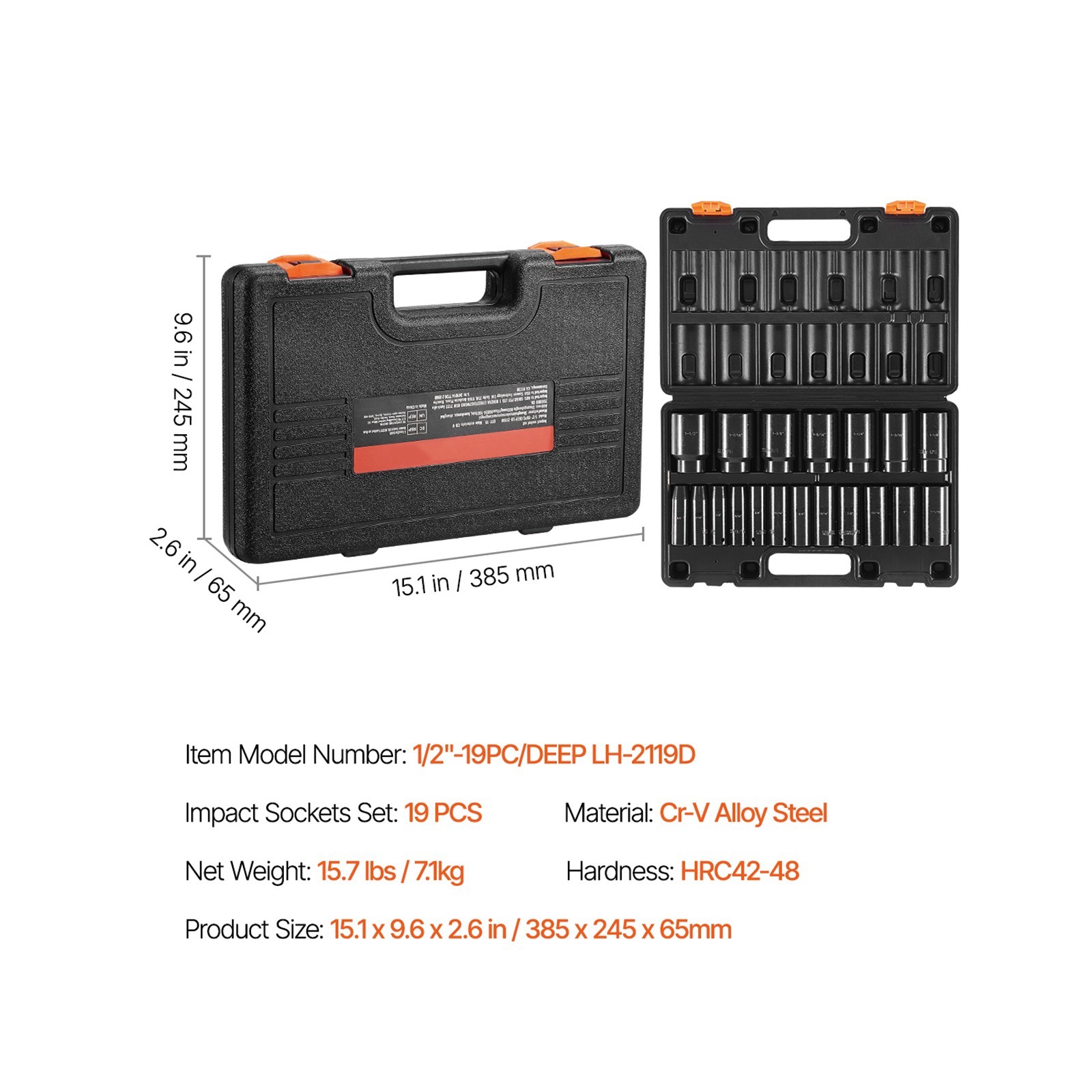 19 Pcs Impact Socket Set 1/2 Inch Drive 3/8 inch to 1-1/2 inch Deep Length
