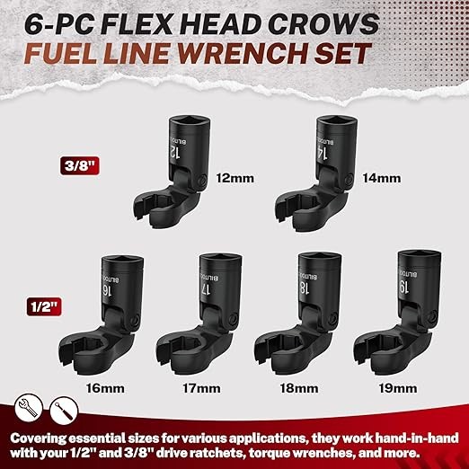6PCS Flex Head Crows Foot Line Wrench Set, 3/8″ & 1/2″ Drive Injector Fuel Line
