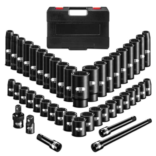 45PCS 1/2″ Drive Metric Impact Socket Set, Deep & Shallow Sockets, 9-32mm, Chrom