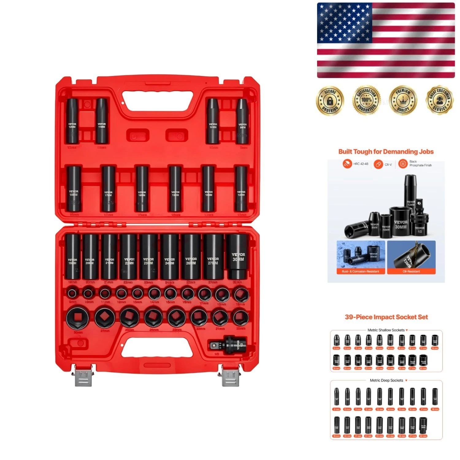 Durable 39-Piece Impact Socket Set – 1/2″ Drive, 9-30mm Sizes, Heavy Duty Case