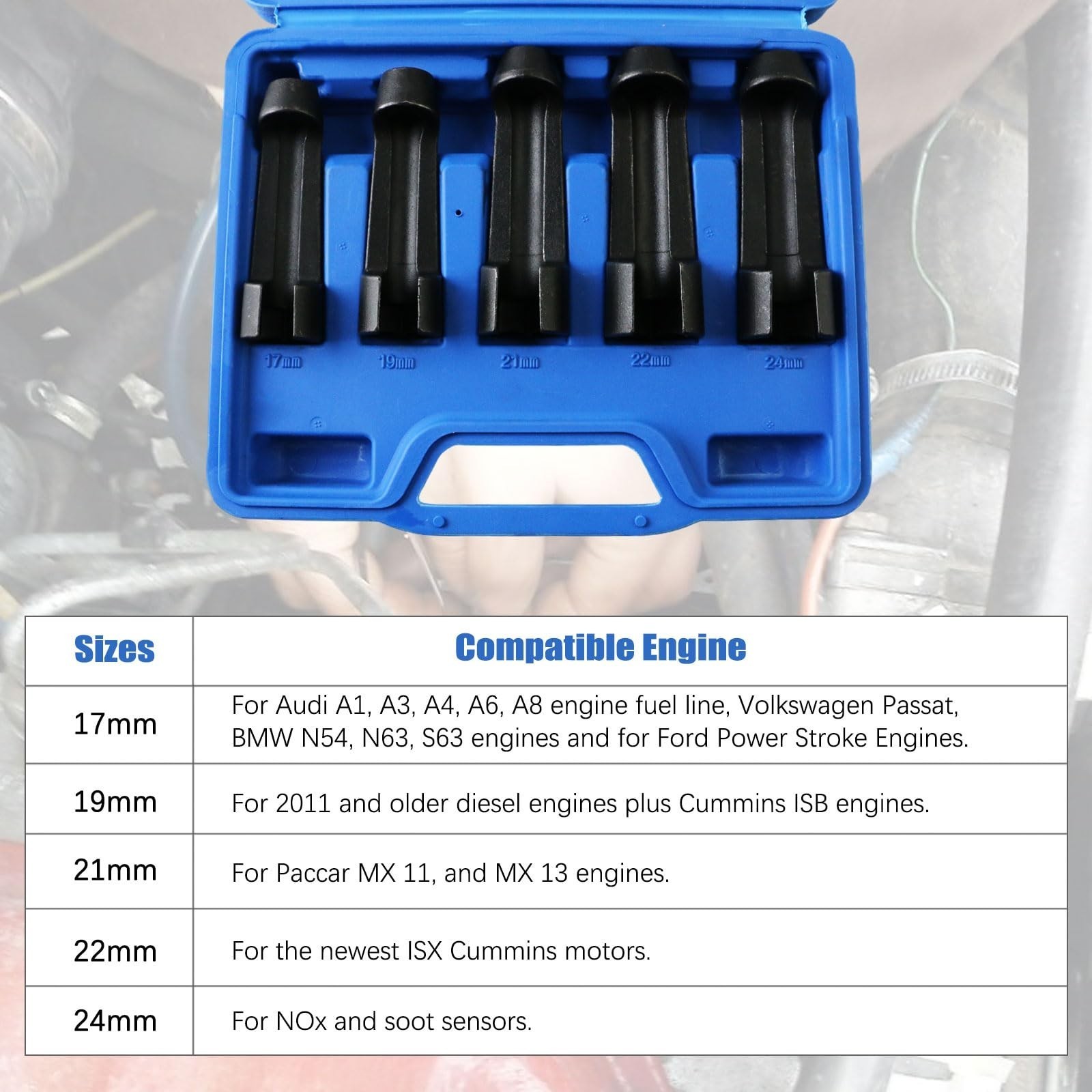 5x Diesel Fuel Line Socket Set Tesmirror 17mm 19 21 22 24mm Flare Nut Socket Set