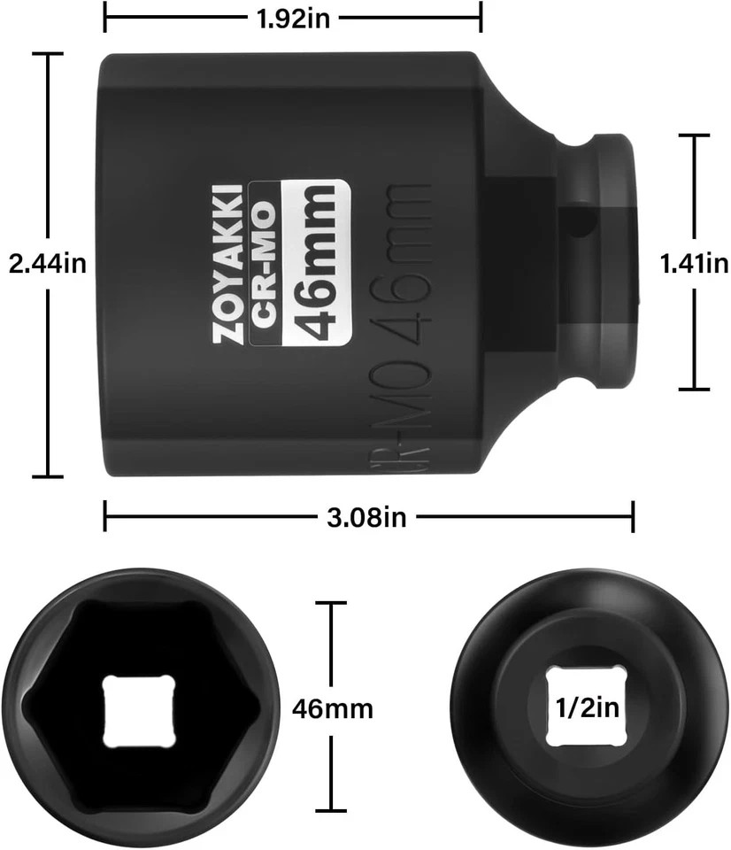 High-Precision 46mm 1/2 Inch Drive Impact Socket with Laser-Etched Markings