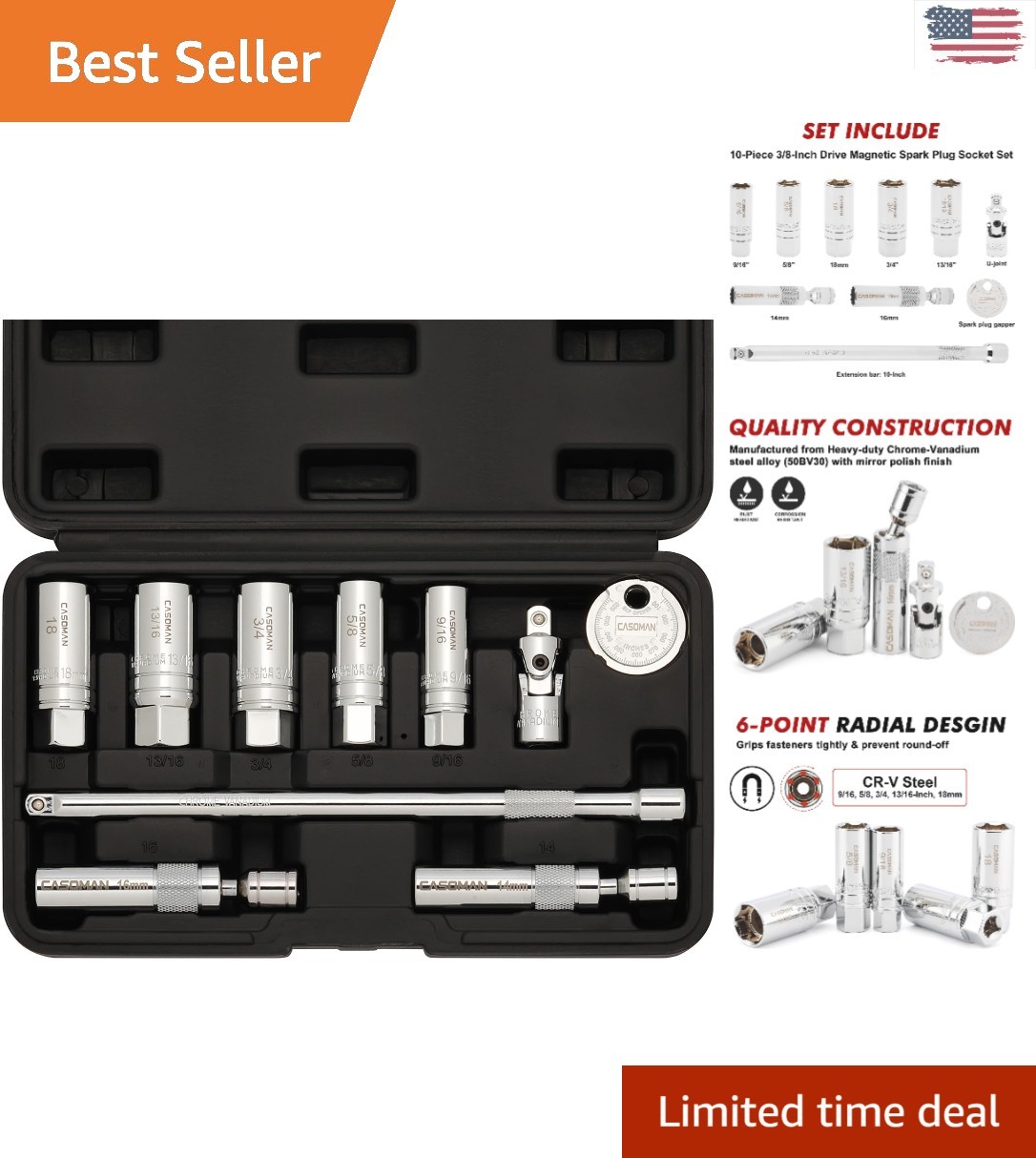 Precision 10PCS Magnetic Spark Plug Socket Set with Mirror Finish & Easy Cleanup