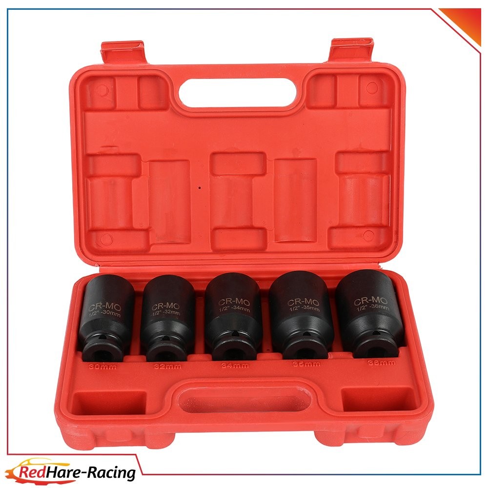 1/2» Deep Spindle Axle Nut Socket Set 12 Point 30mm 32mm 34mm 35mm 36mm 5pcs