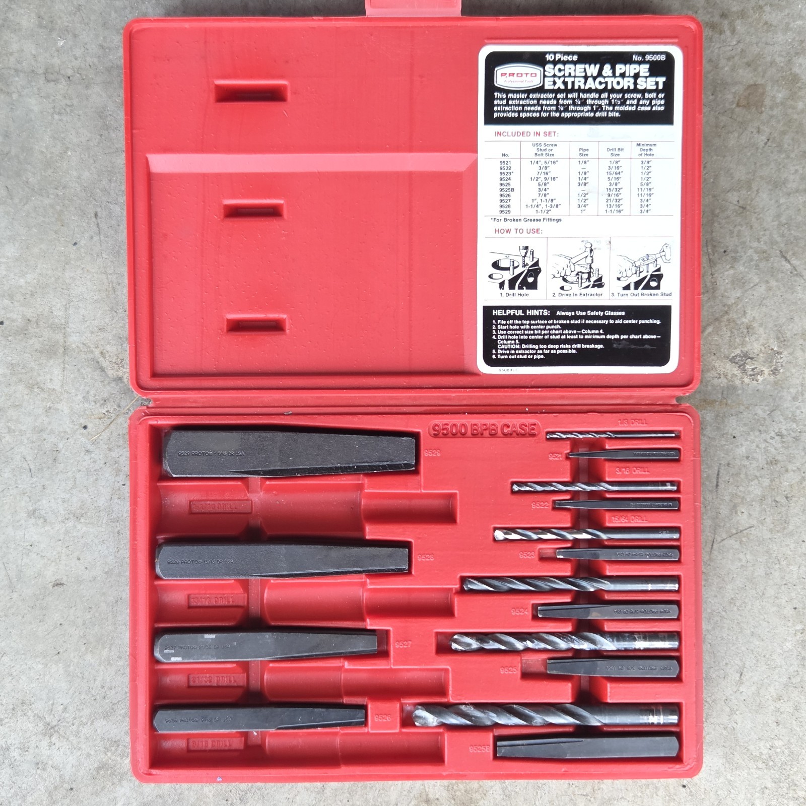 Proto Screw & Pipe Extractor Set No. 9500B USA Made Incomplete