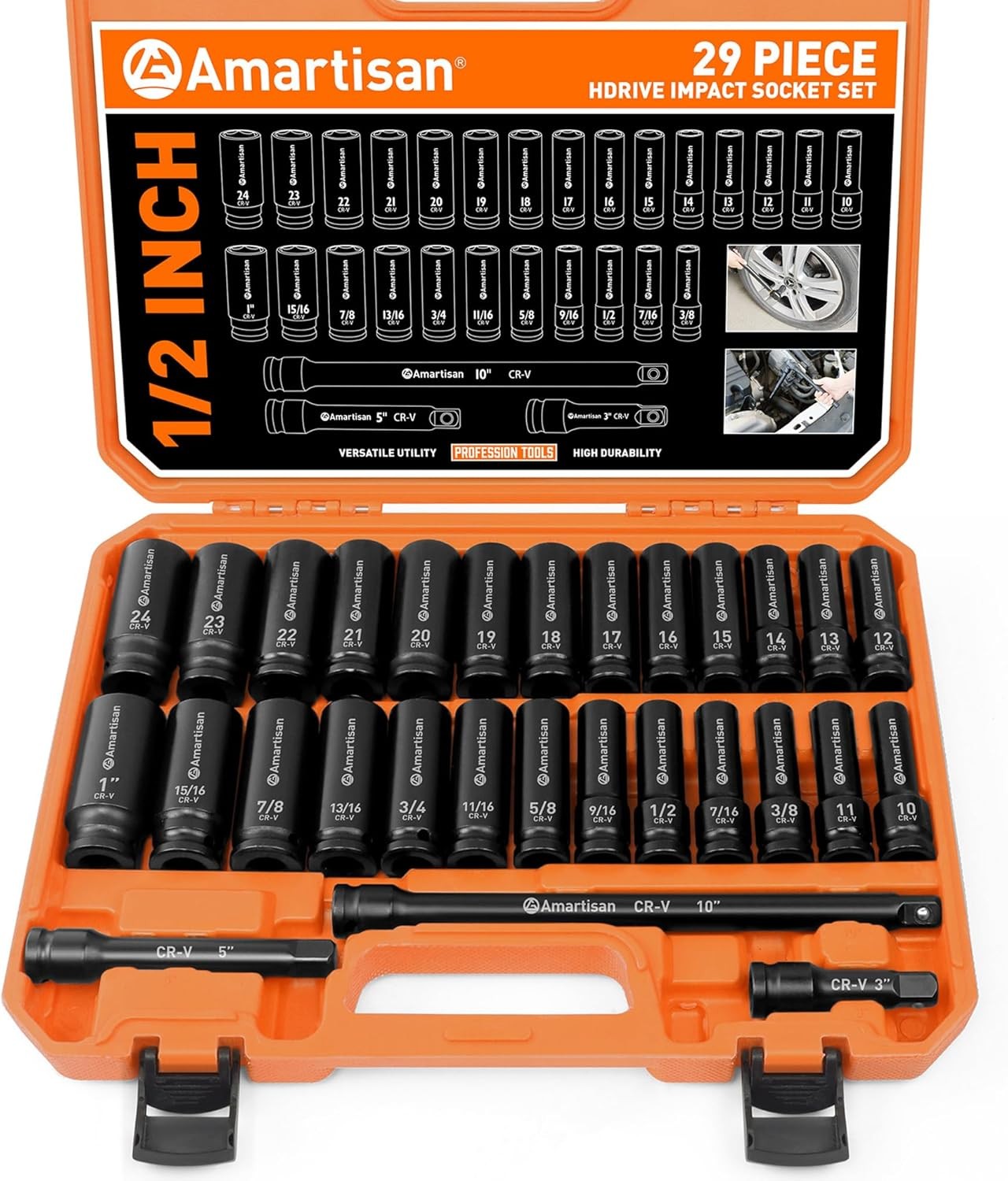 Amartisan 29-Piece 1/2″ Drive Impact Socket Set, 6 Point, One Size, Black