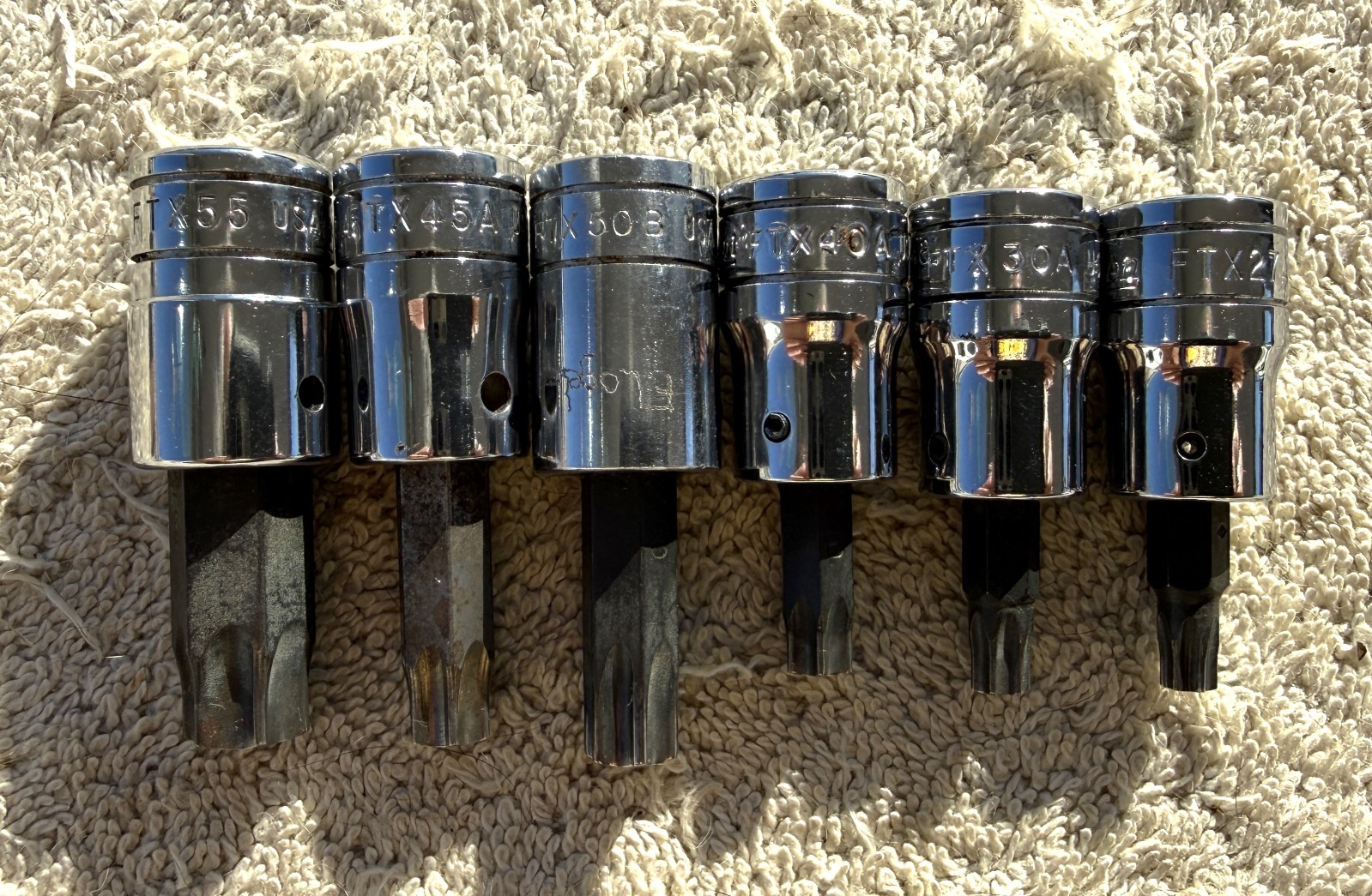 LOT OF 6 SNAP-ON 3/8 INCH DRIVE TROX SOCKETS AS PICTURED AND DESCRIPTED