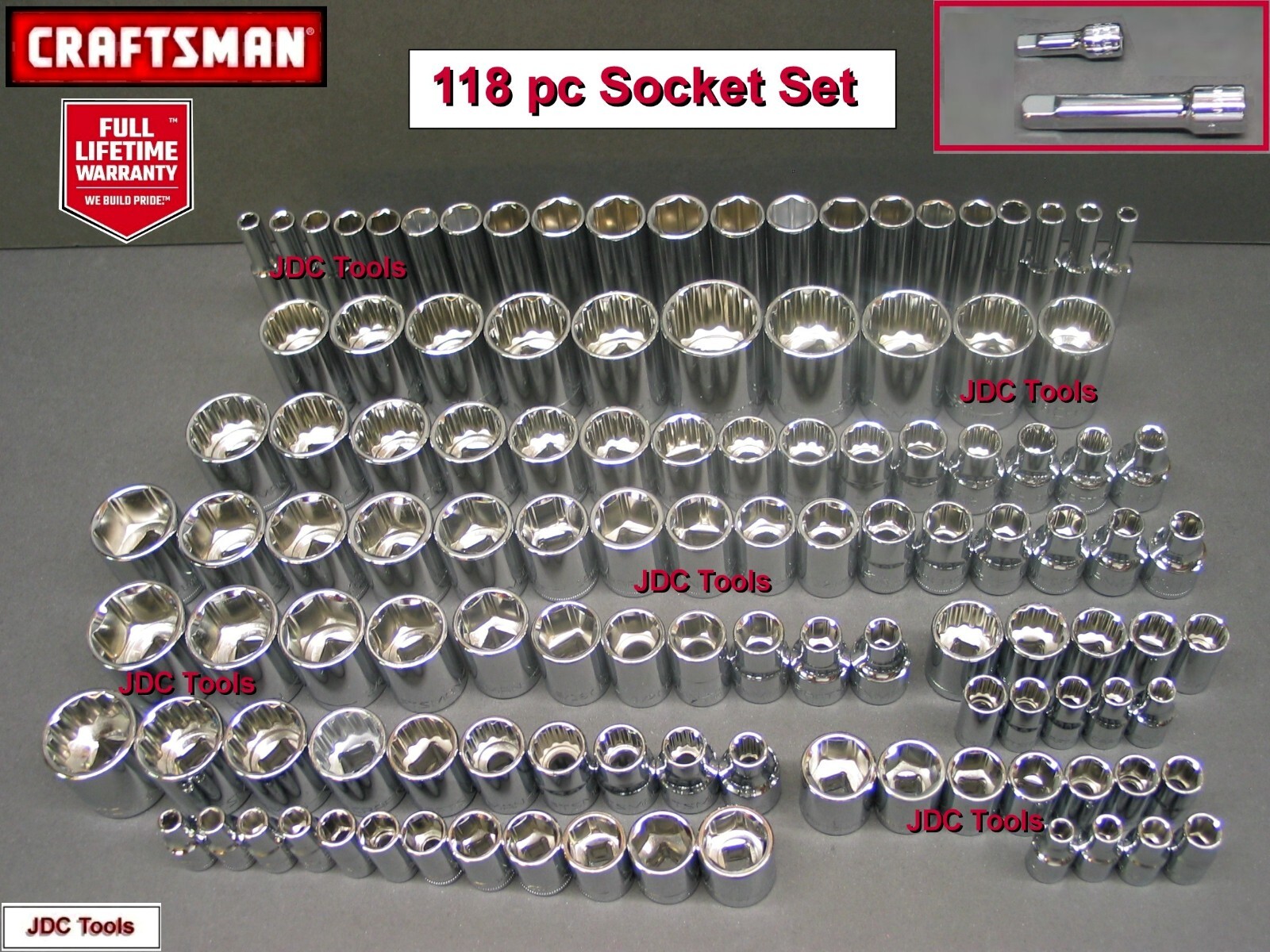 CRAFTSMAN 118 pc Socket Set Sizes 1/2 3/8 1/4 – 116 127 136