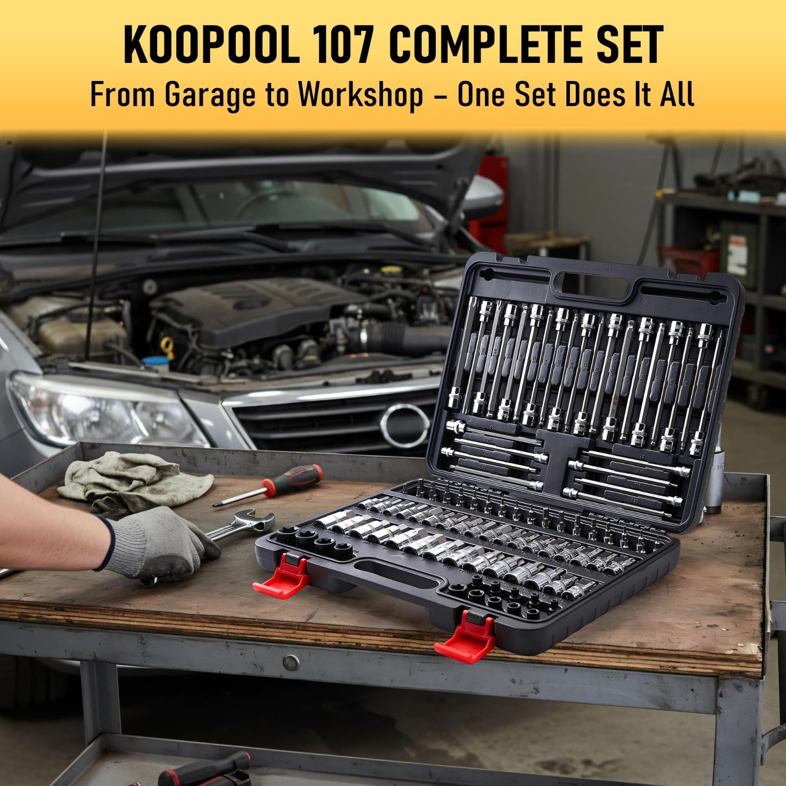 107-Piece Torx & Allen Bit Socket Set, S2 Steel, 1/4″ 3/8″ 1/2″ Drive, Long & Ba