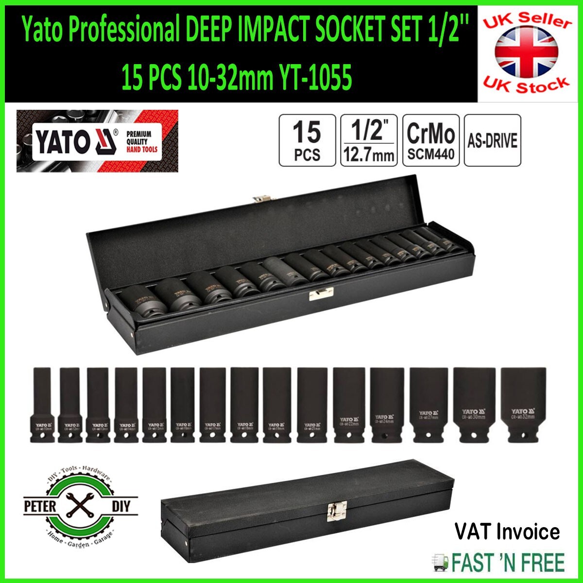 Yato Professional DEEP IMPACT SOCKET SET 1/2» 15 PCS 10-32mm YT-1055