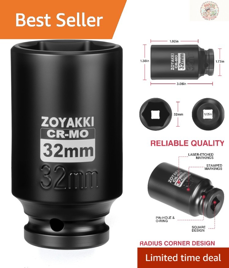 Pro Quality 1/2″ Drive 32mm 6PT Deep Impact Socket – Corrosion-Resistant CR-MO