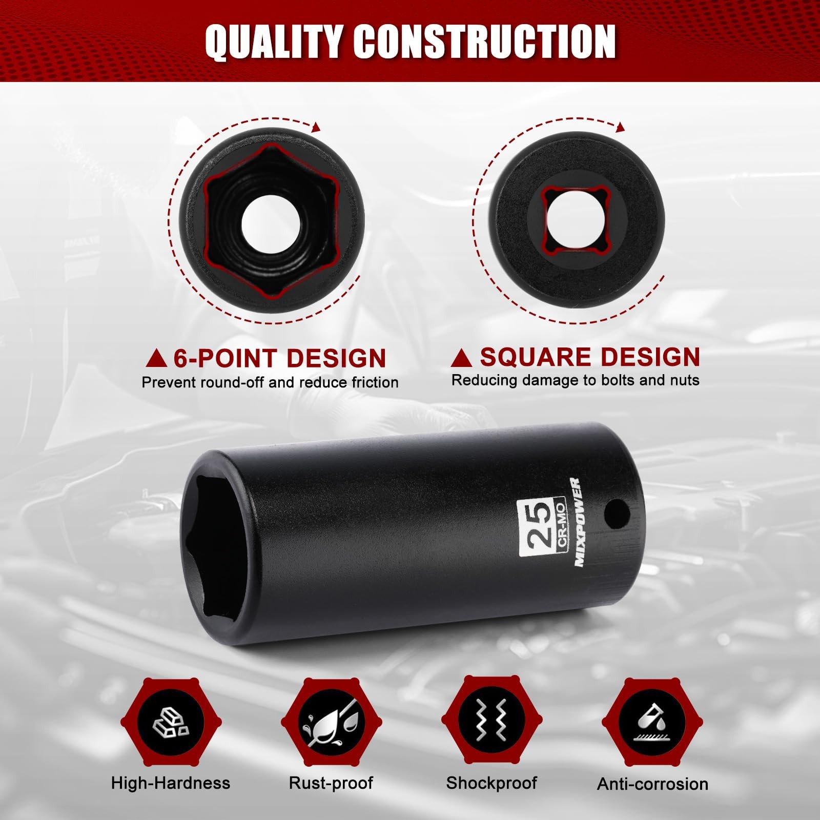 1/2″ Drive Deep Impact Socket,CR-MO,25mm,6 Point, Radius Corner 25mm