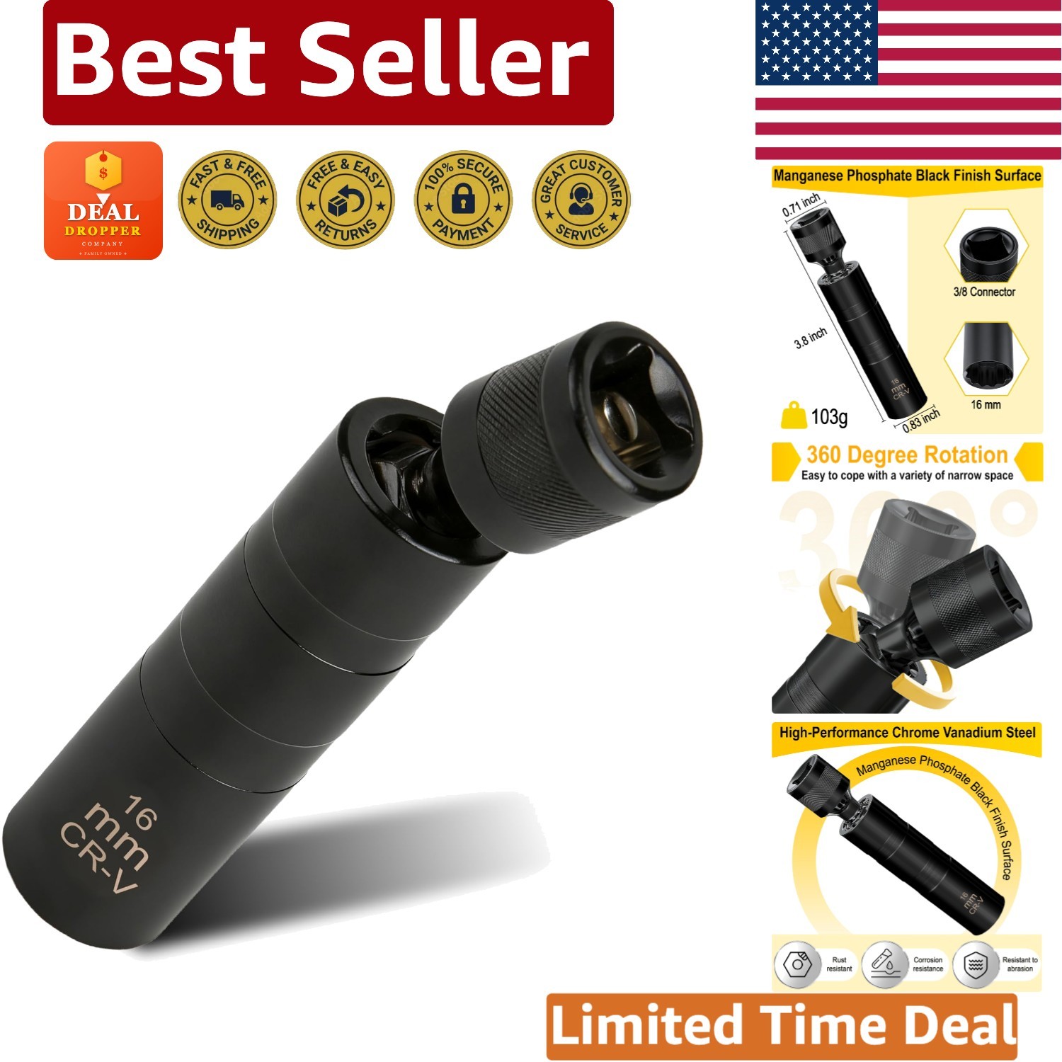 Versatile 16mm Magnetic Spark Plug Socket – 360° Rotation for Easy Use