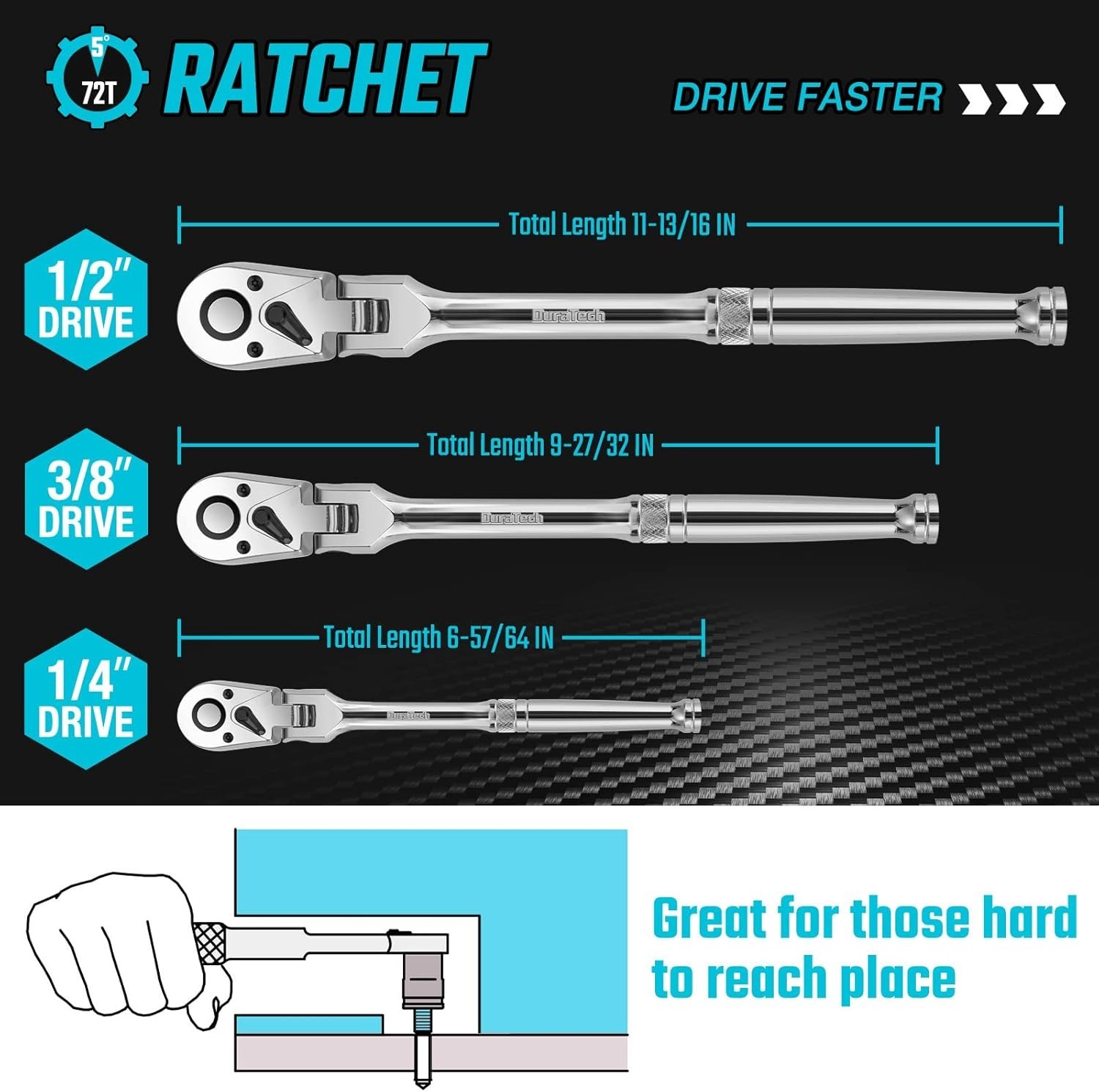 3-Piece Flex-Head Ratchet Set, Alloy Steel, 72-Tooth Design