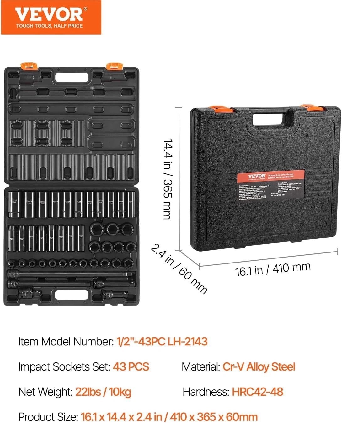 Impact Socket Set, 1/2 Inches 43 Piece Impact Sockets, 1/2 Inches Drive Socke…
