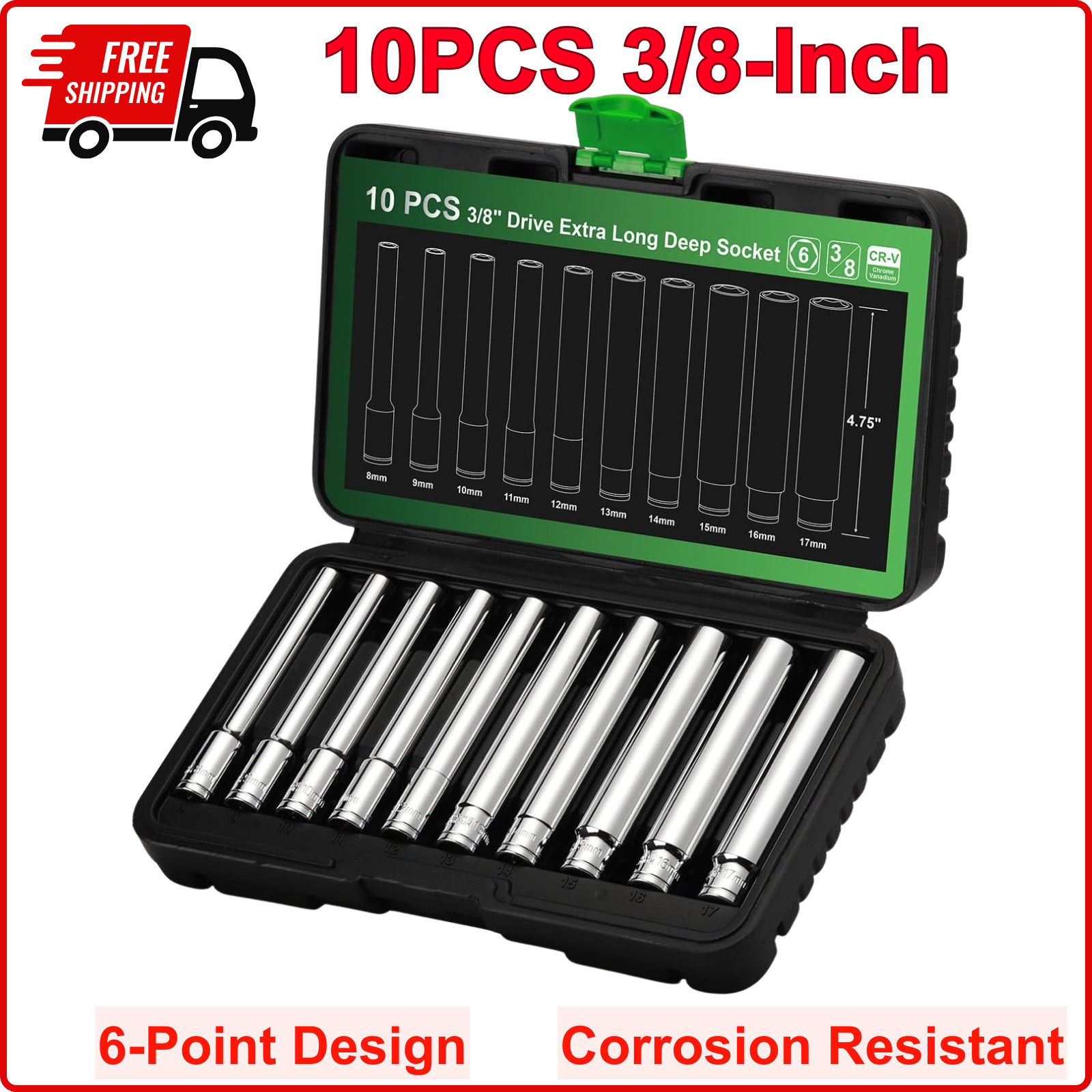 10PCS 3/8-Inch Drive Extra Deep Metric Socket Set, 6 Point, 8mm to 17mm, 120MM