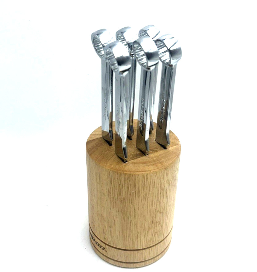 Snap On Tools 6 Pc Stainless Steel Box Wrench Steak Knife Set Wood Holder