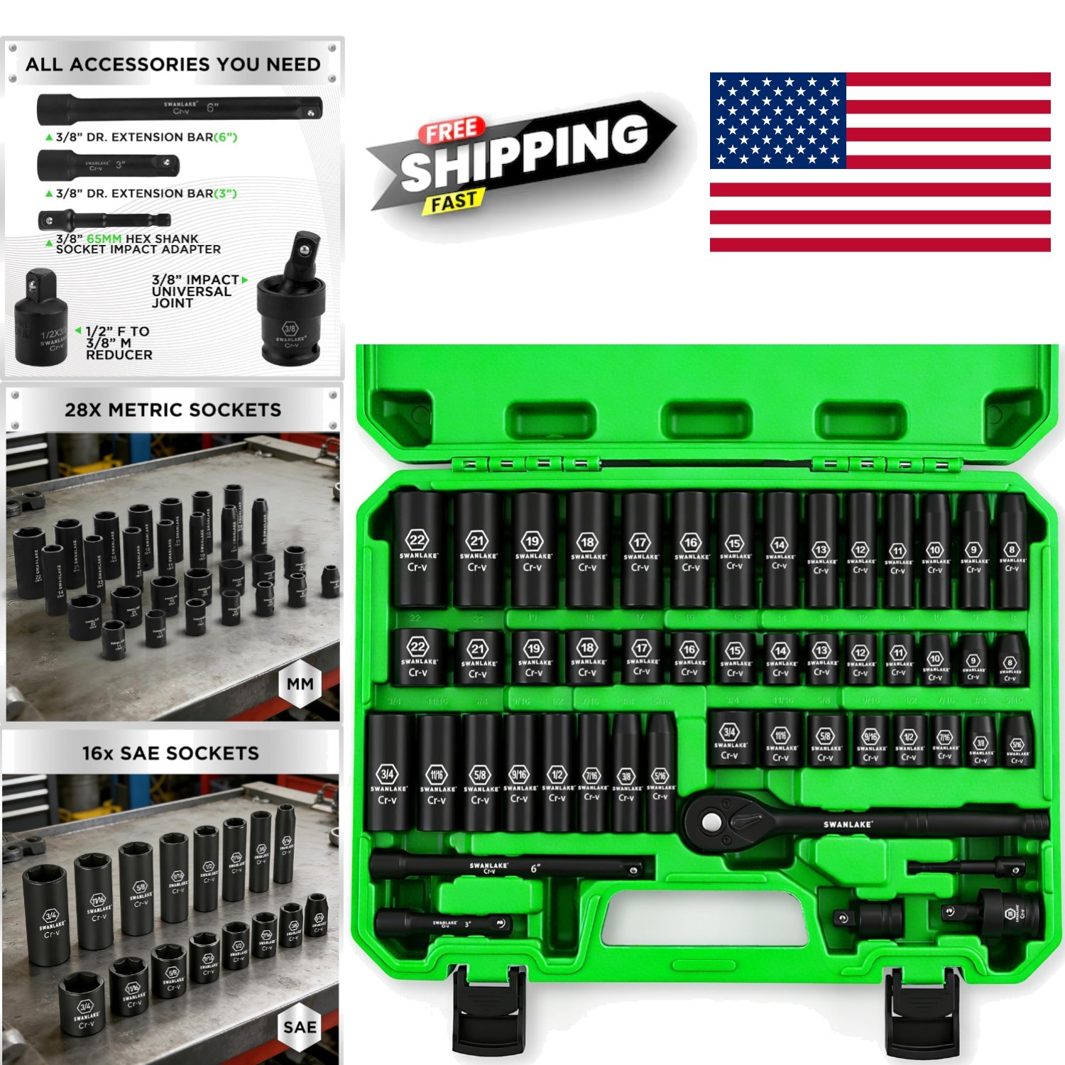 Impact Socket Set 50 Piece 6 Point Design for Automotive Repairs and Maintenance