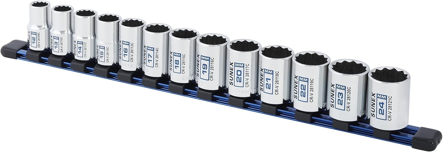 13Piece 1/2″ Drive Chrome Socket Rail 12Pt Metric Standard 1″