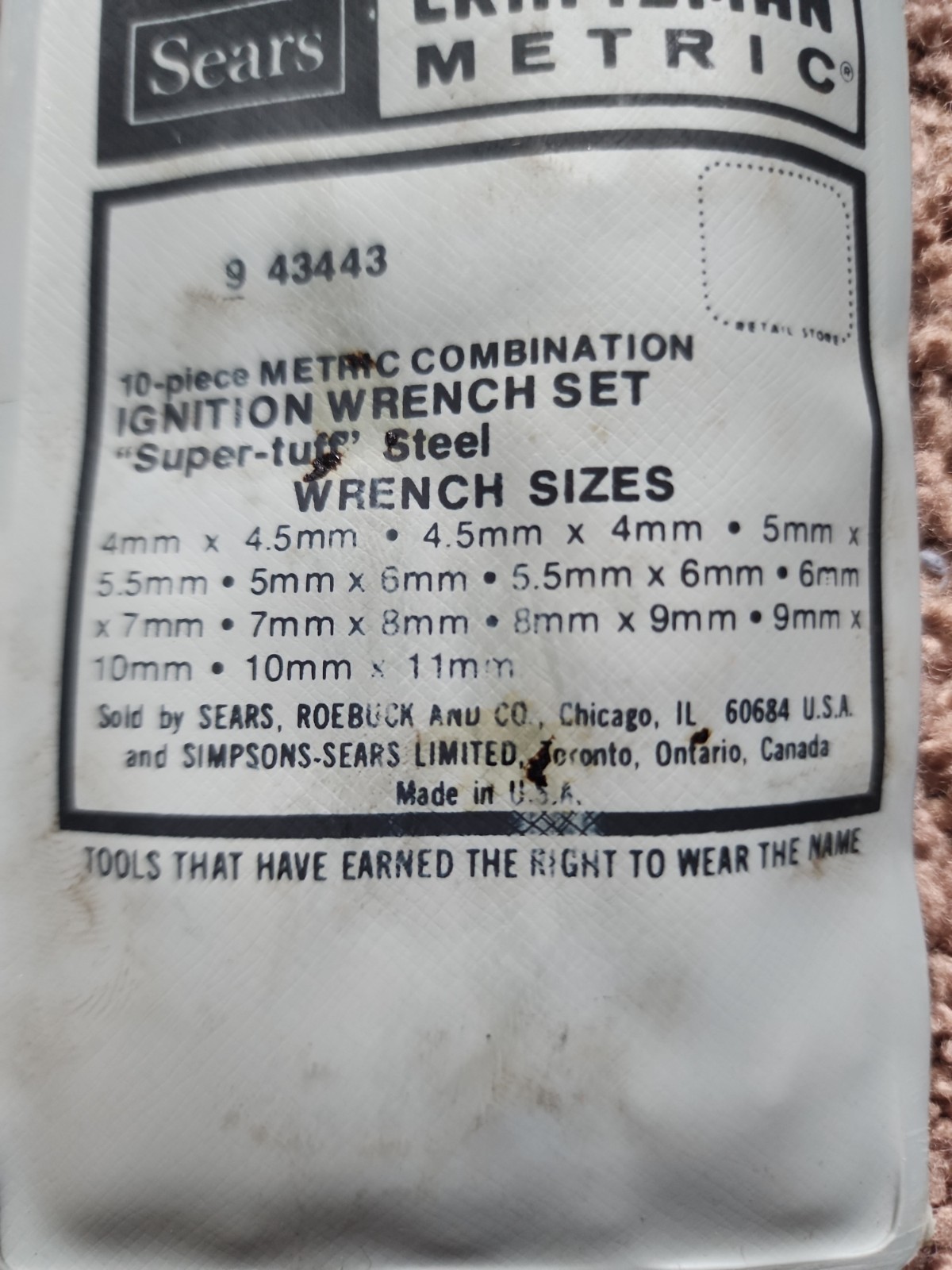 Craftsman 43443 METRIC Ignition Wrench Set 10 Pieces «Super Tuff» Made In USA.