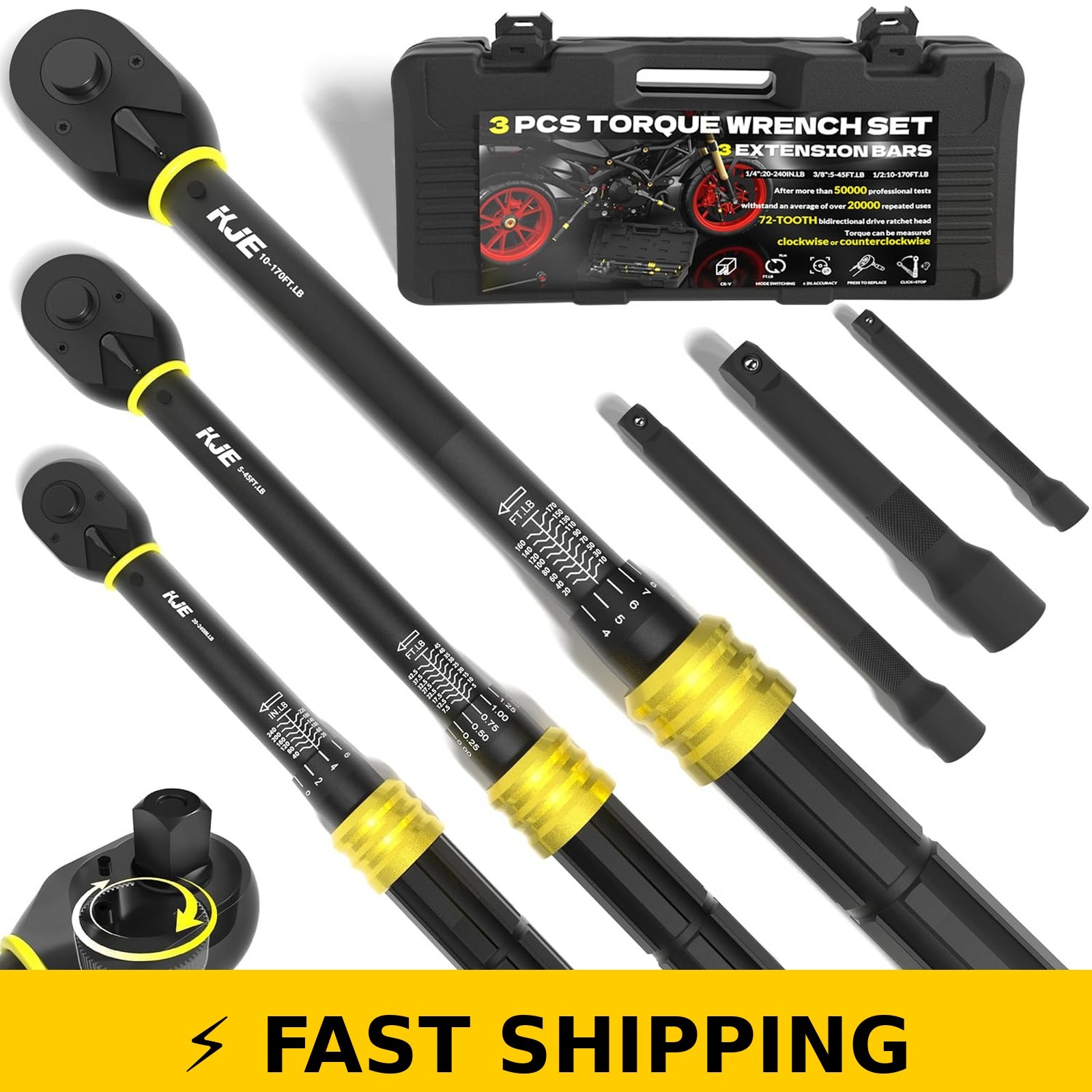 KJE Torque Wrench Set 1/4 3/8 1/2-Inch Drive 72-Tooth Click Tools