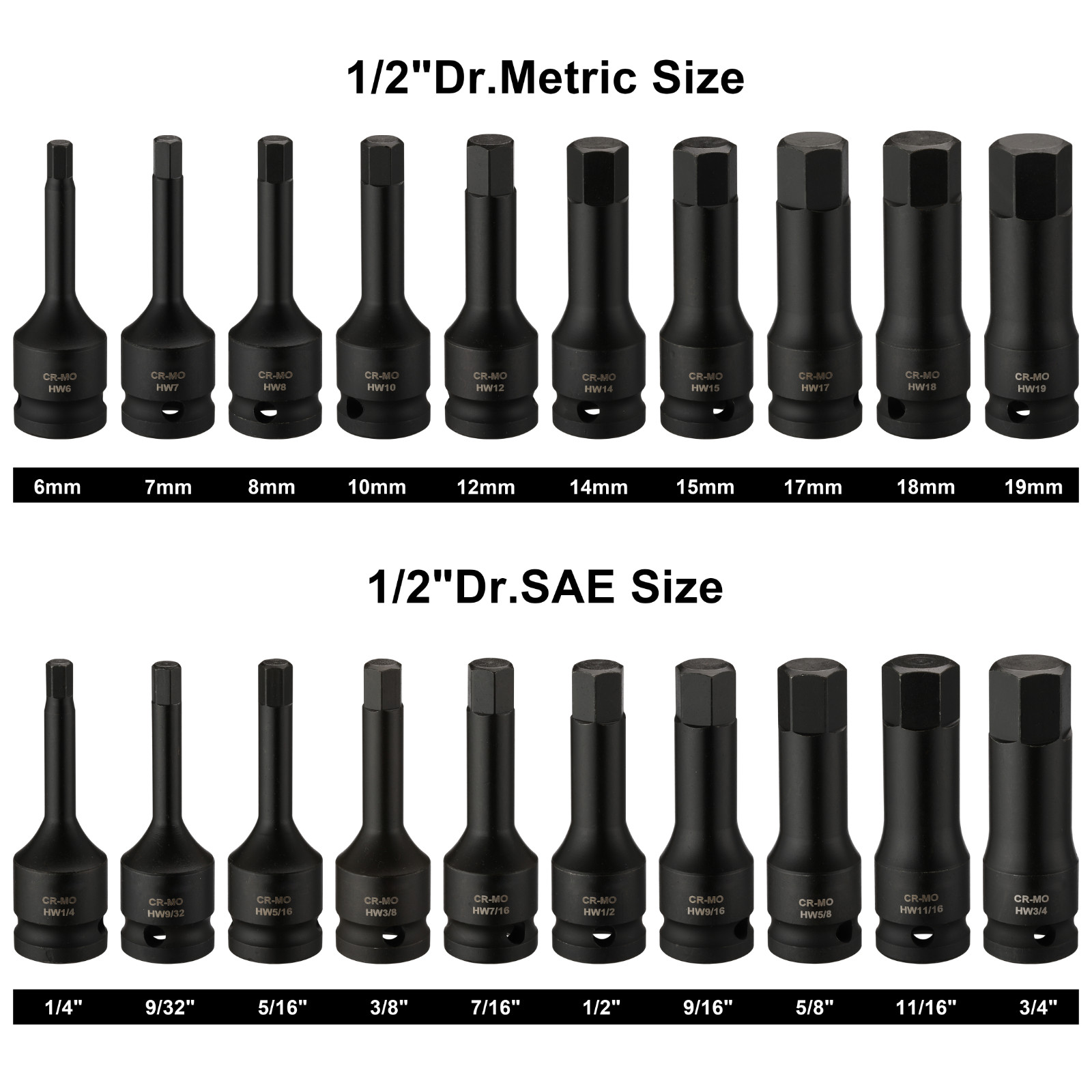 1/2″ Drive Master Impact Hex Bit Set Hex Driver SAE/Metric 1/4″ – 3/4″ 6mm-19mm
