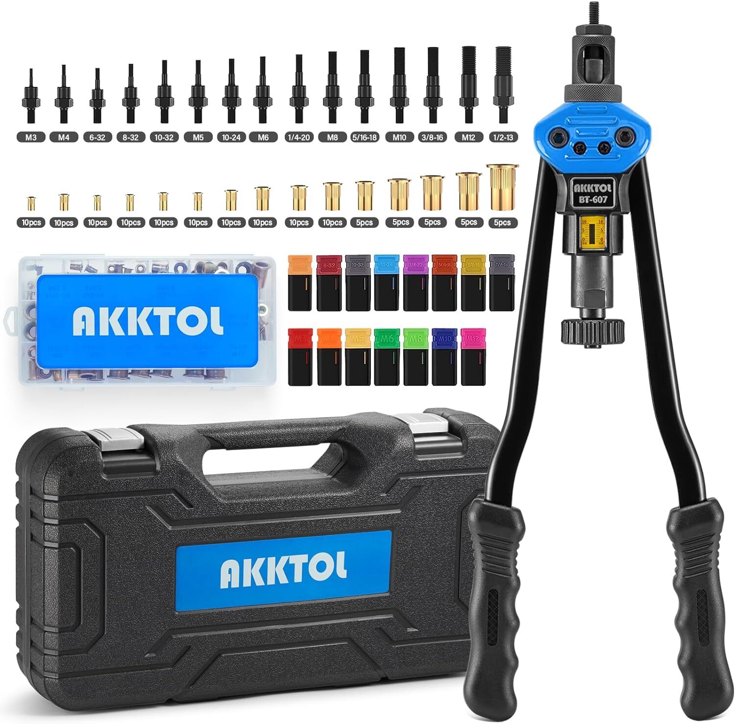 AKKTOL Rivet Nut Tool, 16″ Rivnut Tool Kit with 15 Metric and SAE Mandrels,…