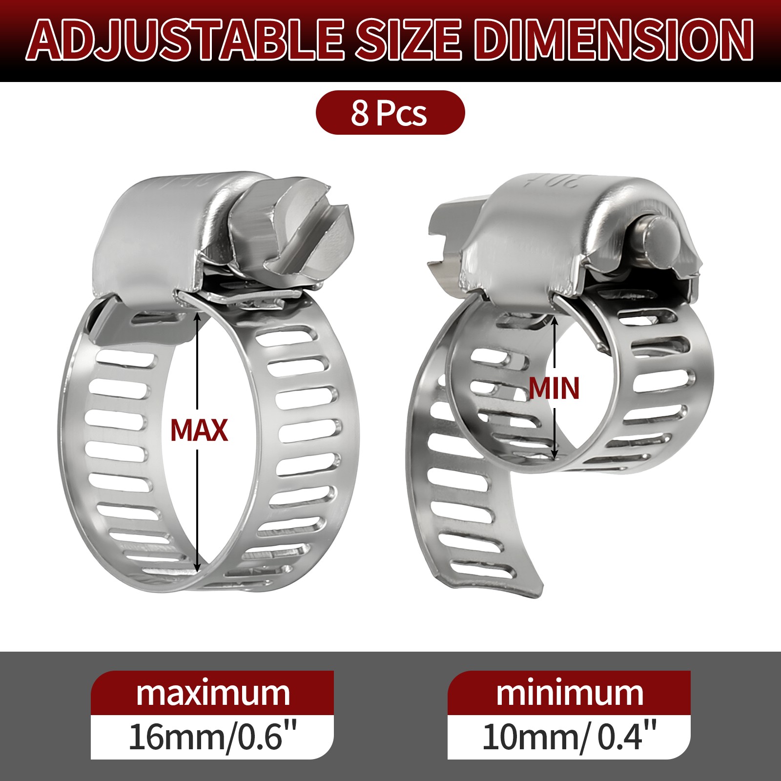 8 Pack Stainless Metal Hose Clamps, Large Adjustable from 0.4″ – 0.6″