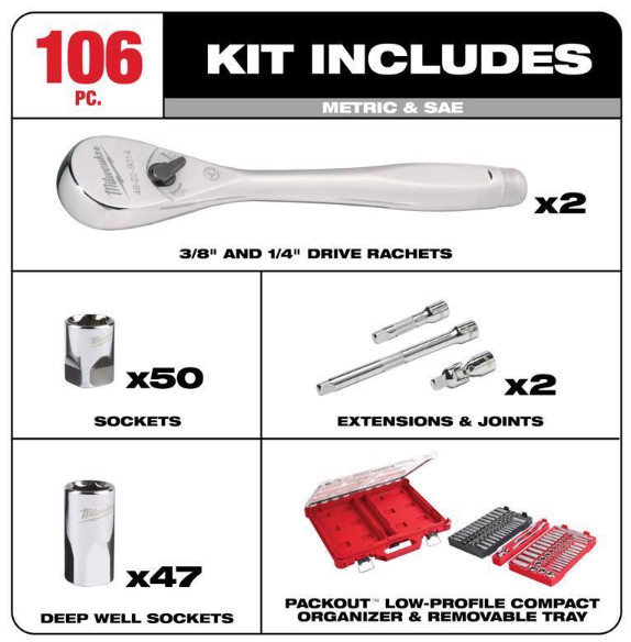 Milwaukee 48-22-9486 PACKOUT 1/4 and 3/8″ DR Metric & SAE Ratchet & Socket Set