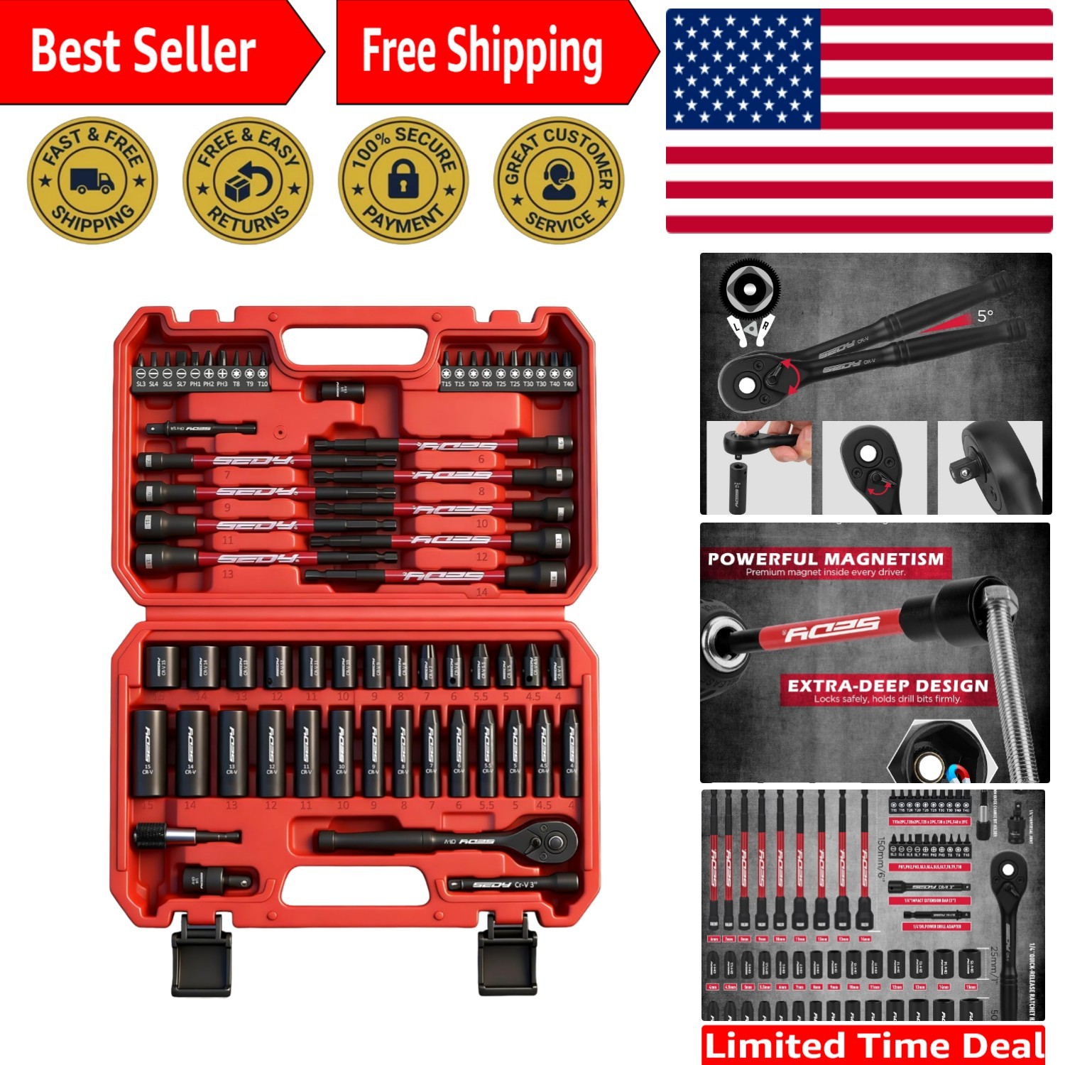 Durable 63-Piece Socket Set with Magnetic Drivers for Home and Automotive Use