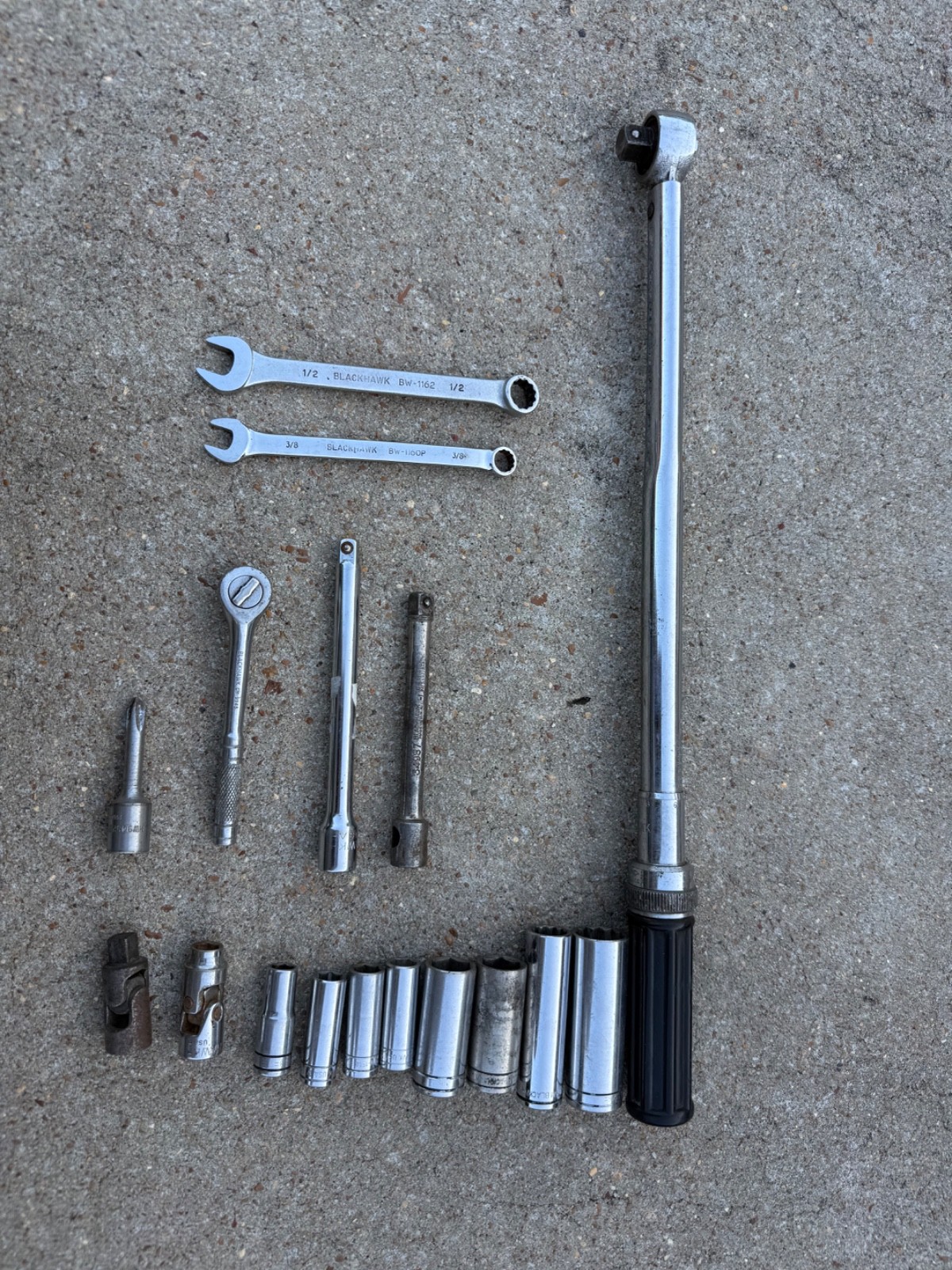 Blackhawk wrenches, ratchets, extensions and sockets 17 pieces total