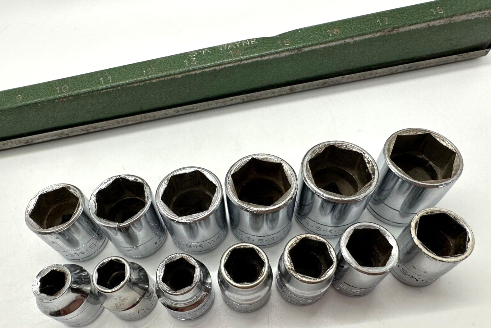🇺🇸 SK Tools USA 7mm-19mm Metric Shallow 3/8″ DR Socket Set lot 6-PT Green Tray