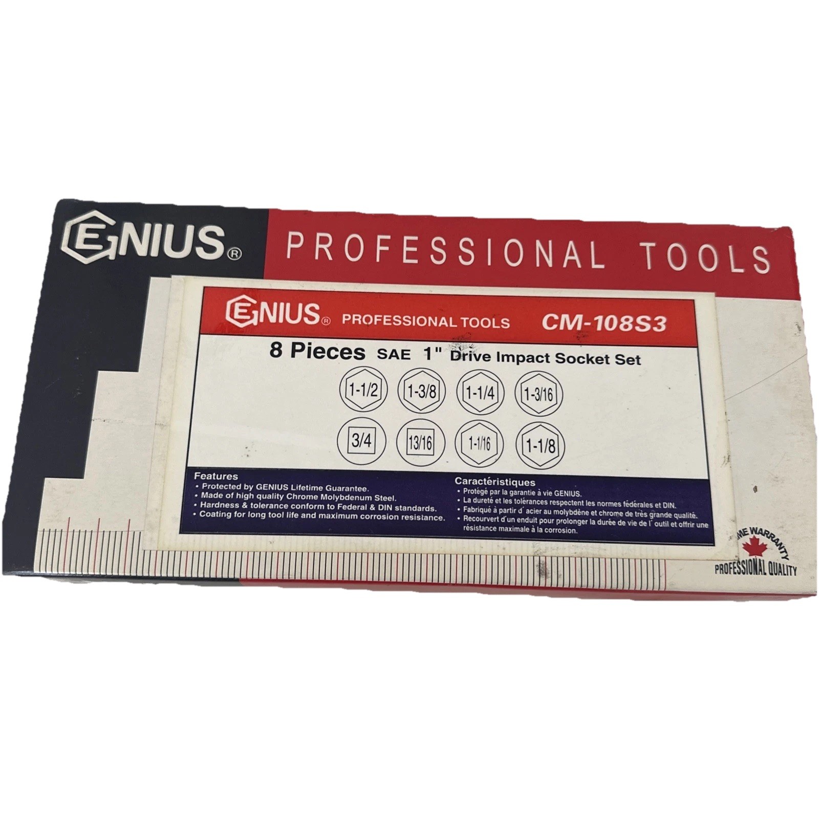 Genius CM 108S3 1″ Drive 8 Pc. Deep SAE Impact Socket Set to 3/4” To 1-1/2″ New