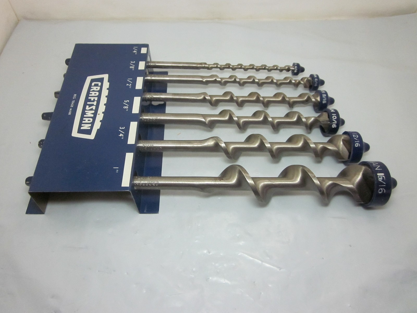 Vtg Craftsman Set Of 6 Auger Drill Bits W/Metal Wall Mount 1/4″ to 1″ USA