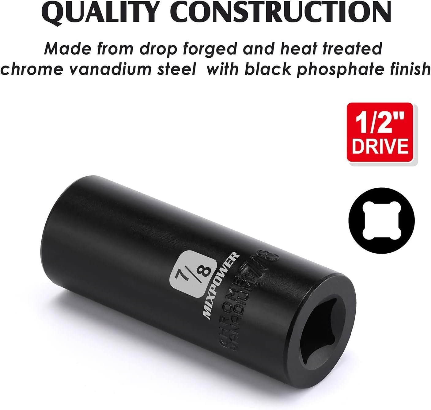 Durable 1/2-Inch Drive Deep Impact Socket – 7/8 Inch, Laser Marked, CR-V Steel